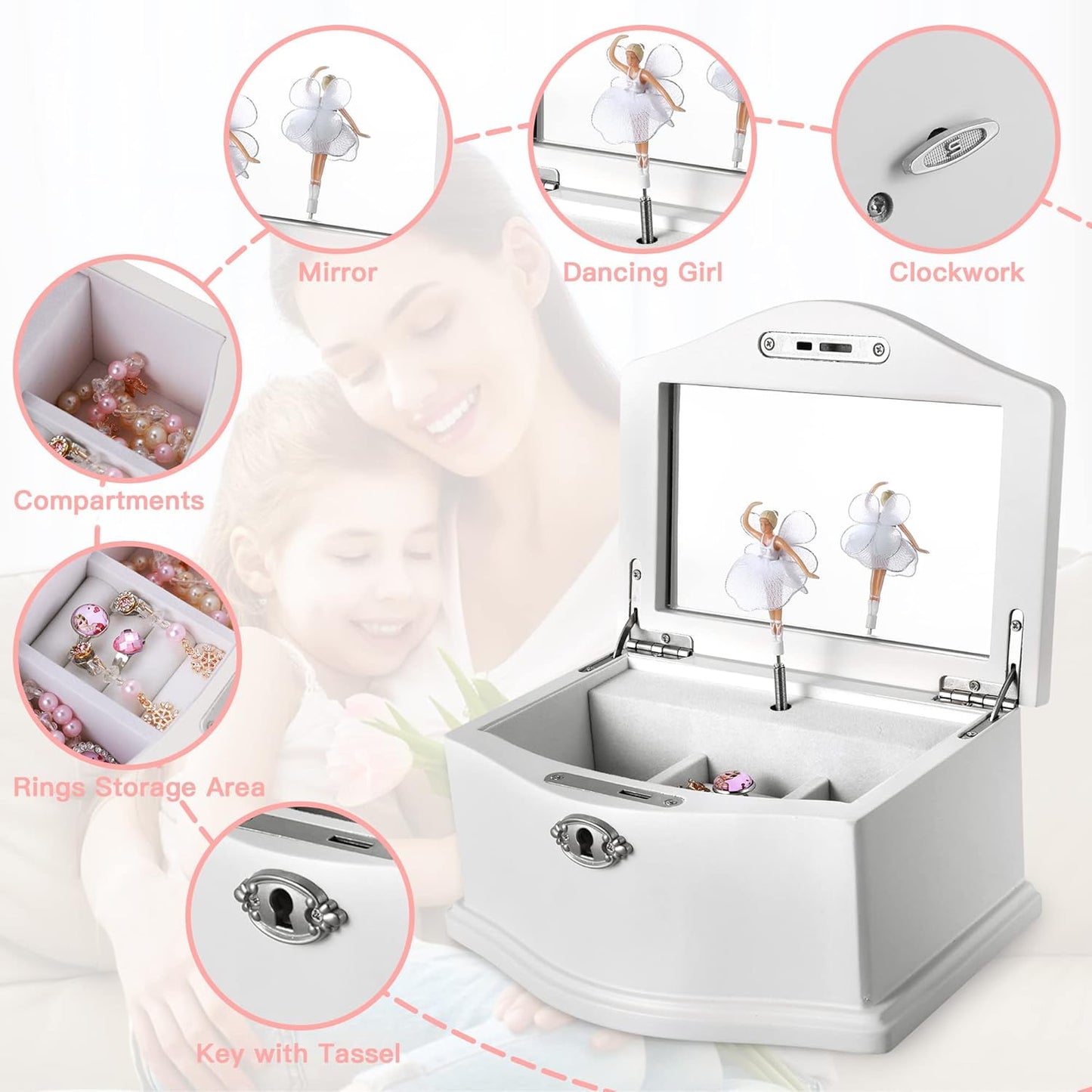 Wooden Ballerina Medium White Musical Jewelry Box with Mirror and Lock for girls，Kid's Jewelry Storage Music Box,Gift for Holidays