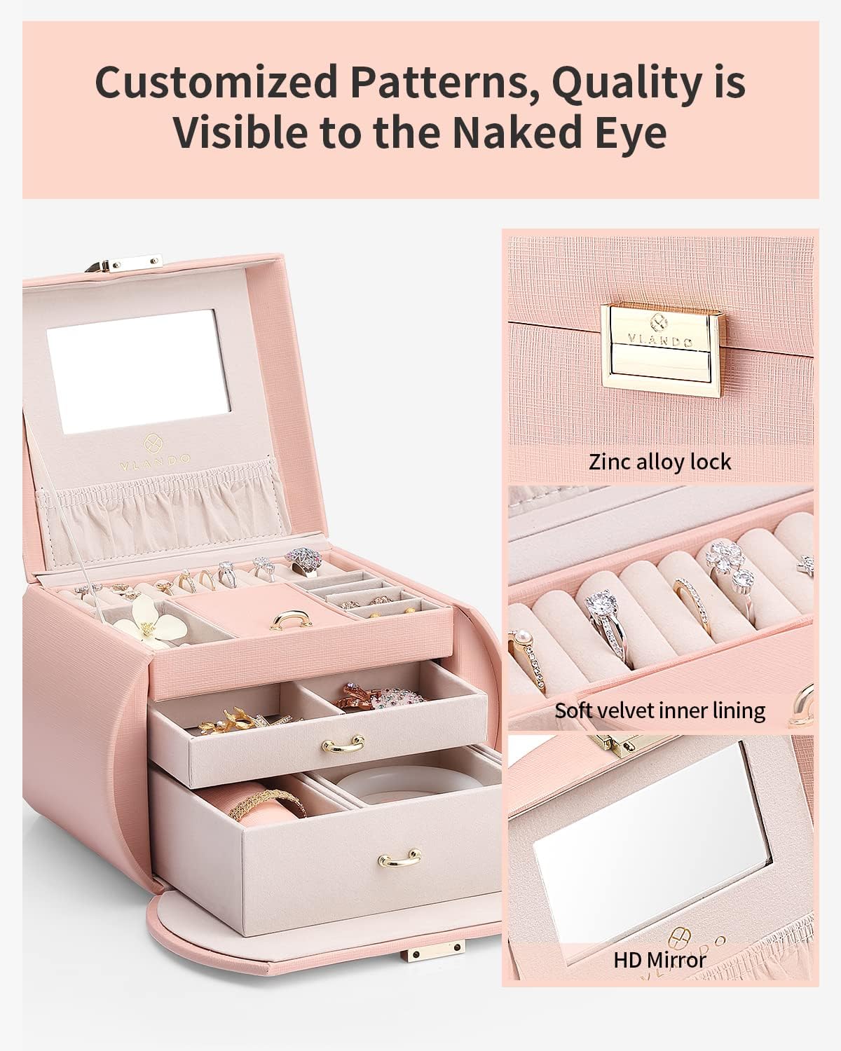 Princess Style Jewelry Box for Girls Jewelry Box Girls 12-14 3-Layer Kids Jewelry Box with Mirror Little Girls Jewelry Box 8-12 Birthday Gift for Teens Girls (Pink)