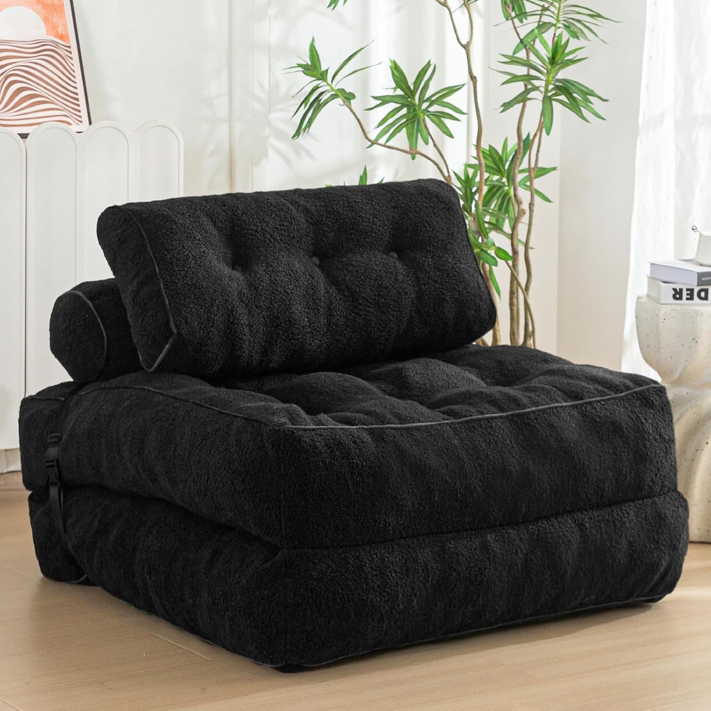 Folding Sofa Bed, Convertible Sleeper Chair with Pillow Foldable Mattress with Back Support, Portable Fold Out Sofa Couch Fuzzy Fabric Comfy Floor Sofa Lounge for Living Room Apartment, Black