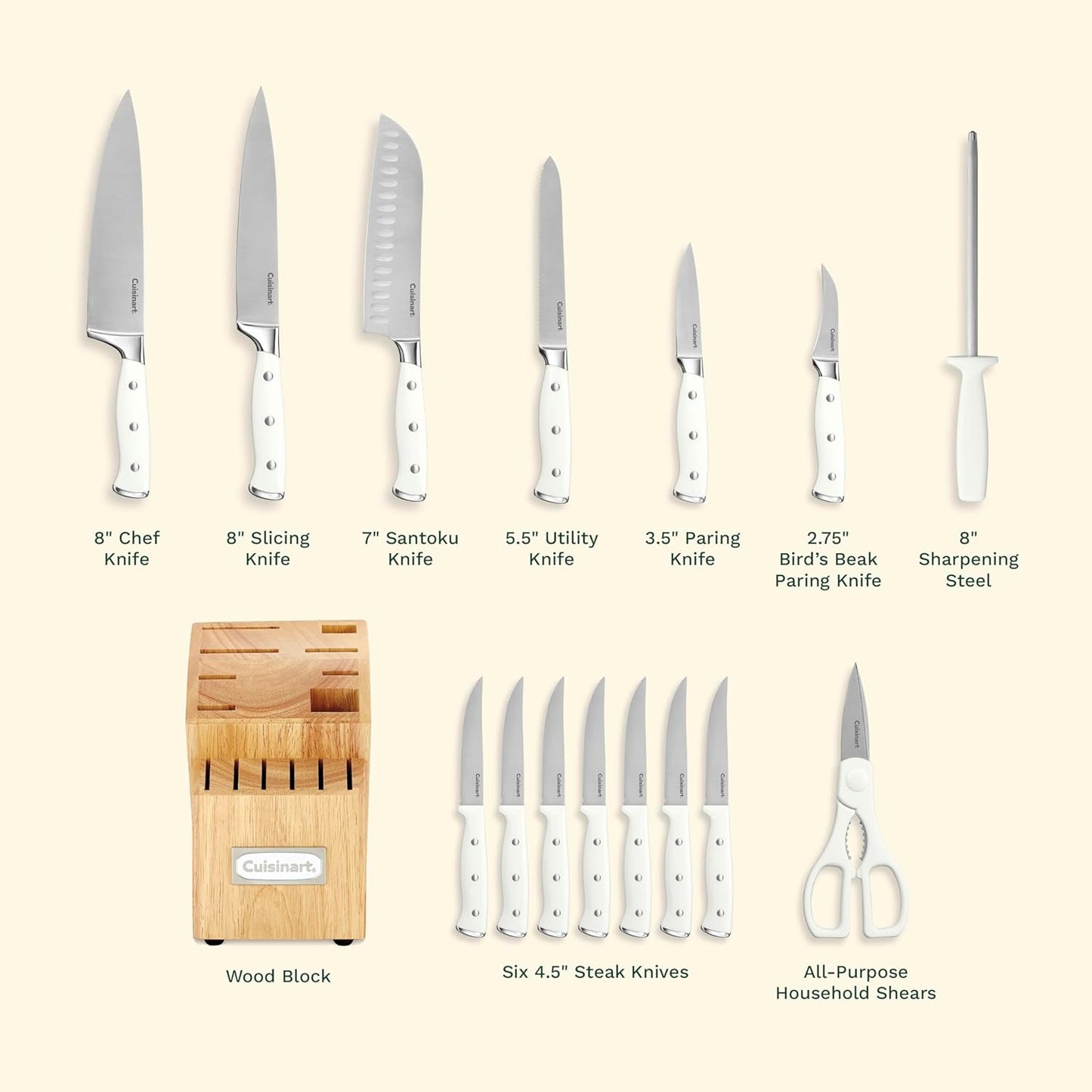 15-Piece Knife Set with Block, High Carbon Stainless Steel, Forged Triple Rivet, White