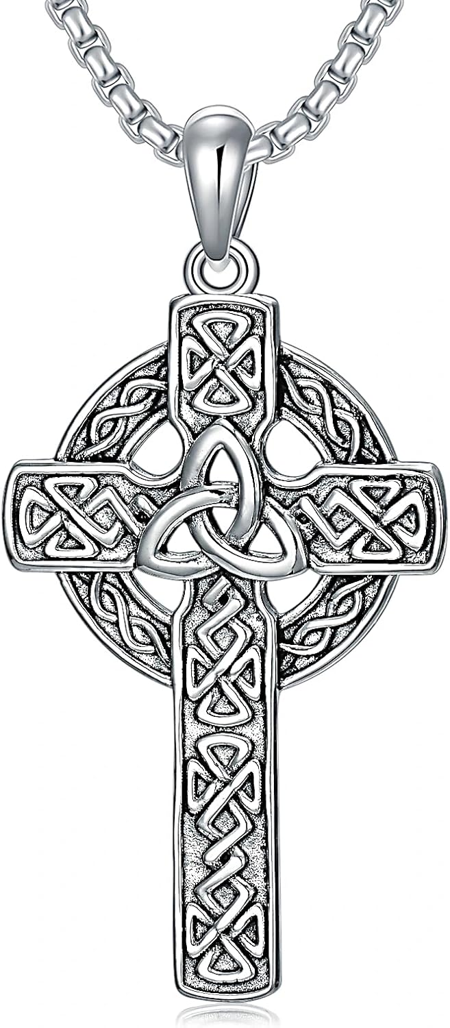 Celtic Cross Necklace For men Silver Cross Pendant Necklace Mens Celtic Cross Celtic Amulet Necklace Protection Jewelry Religious Gifts with 2.5mm 22"+2" Adjustable Rolo Chain