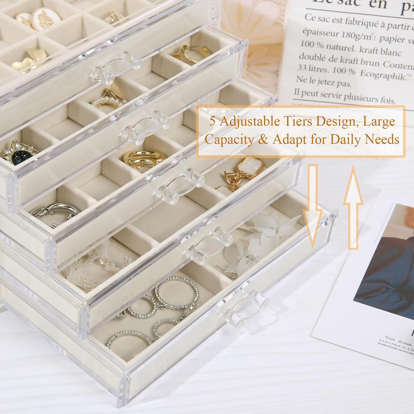 Earring Jewelry Organizer with 5 Drawers, Birthday Present, Clear Acrylic Jewelry Box for Women, Velvet Earring Display Holder for Earrings Ring Bracelet Necklace, Cream