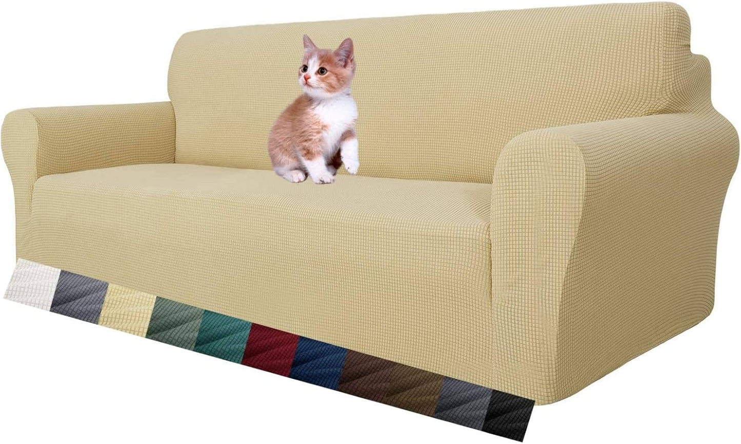 Super Stretch Couch Cover for 3 Cushion Couch, 1-Piece Universal Sofa Covers Living Room Jacquard Spandex Furniture Protector Dogs Pet Friendly Fitted (Large, Black)