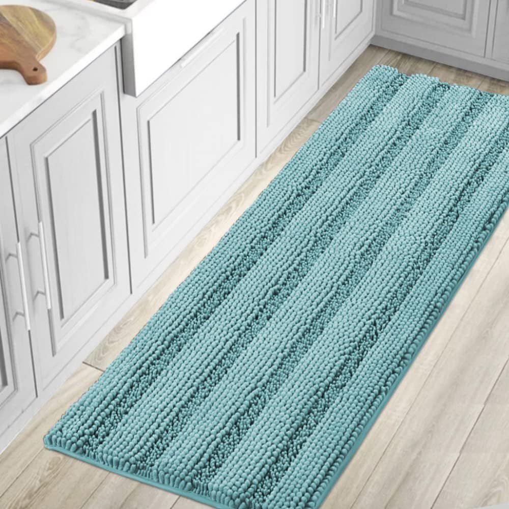 Black Bathroom Rug Set Extra Thick Striped Bath Mats for Bathroom Floor 2 Piece, Anti-Slip Bath Mat Set Soft Plush Chenille Shower Rugs for Bathroom Waterproof (20" x 32"/17" x 24")