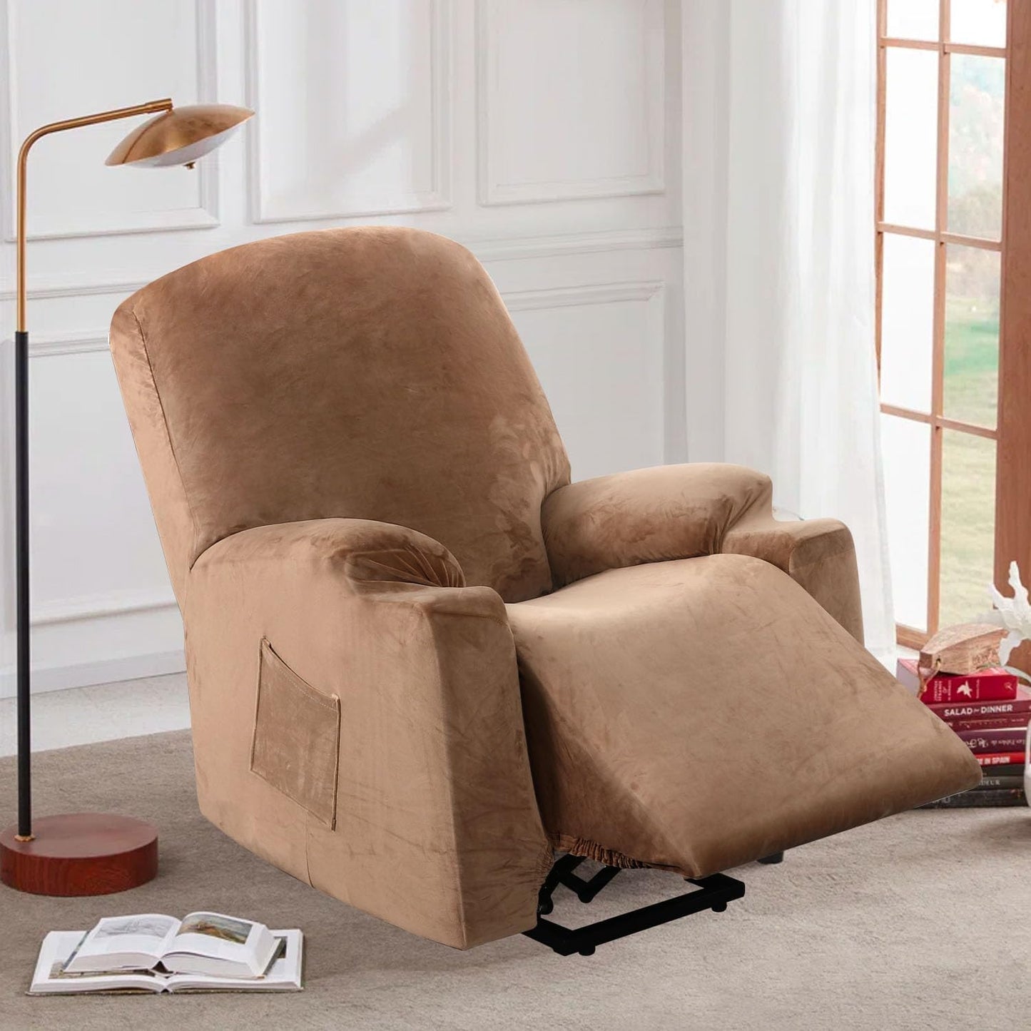 Rich Velvet Stretch Recliner Slipcovers 1 Piece Electric Power Lift Recliner Chair Cover Fitted Standard Large Power Lift Recliner with Side Pocket, Soft and Thick (Single Seat, Camel)