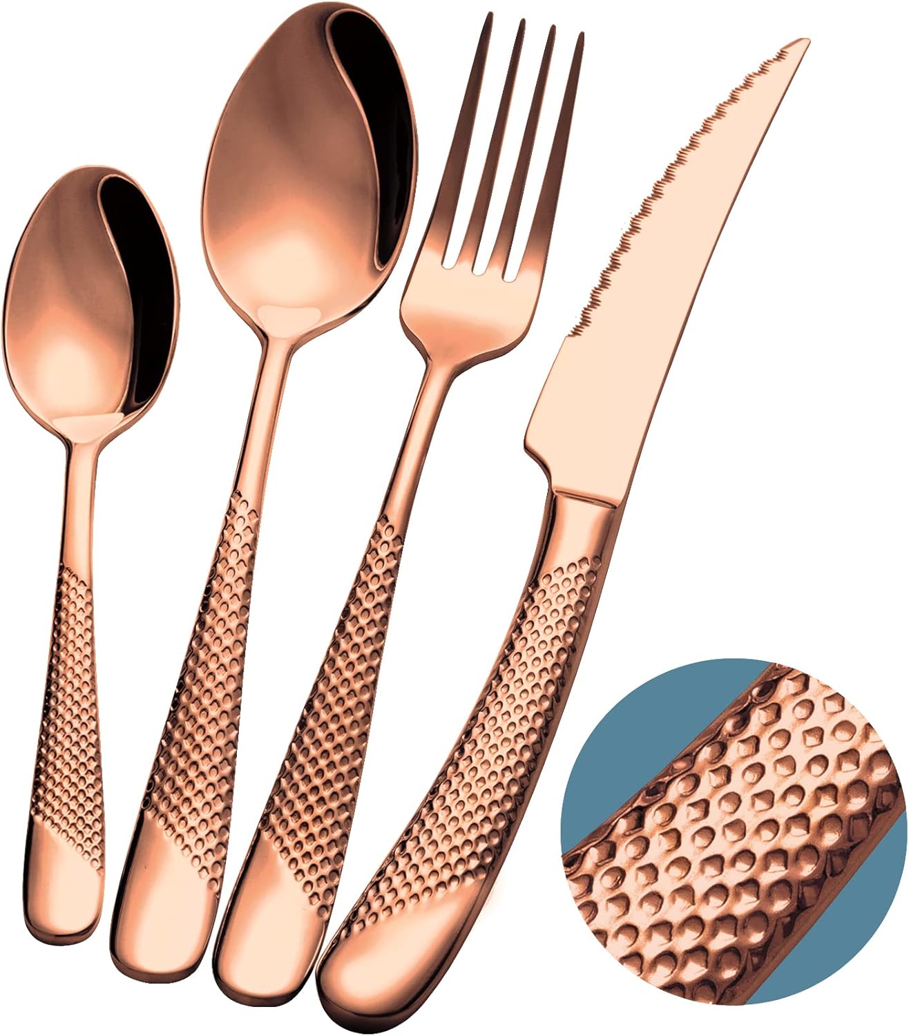 16-Piece Modern Hammered Cutlery Set with Ultra Sharp 2-in-1 Serrated Knife, 18/10 Stainless Steel Silverware Set, Flatware Set Service for 4, Tableware Utensil Set, Forks Spoons Knives Set