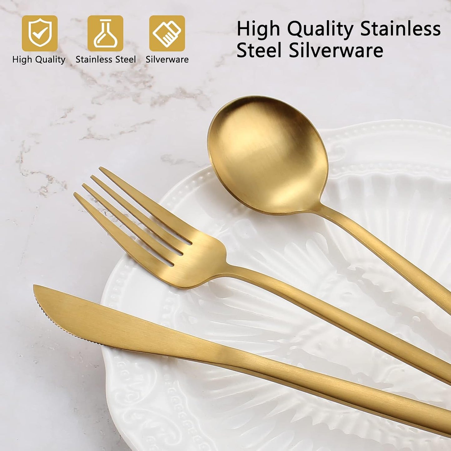 Matte Gold Silverware Set, 40-Piece Stainless Steel Flatware Set, Satin Finish tableware Cutlery Set, Service for 8, Home and Restaurant, Dishwasher Safe