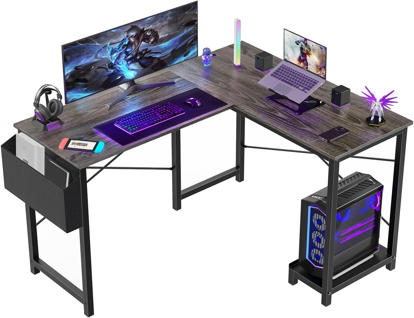 L Shaped Desk - Computer Desk Corner Desks Gaming Desk PC Table with CPU Stand Side Bag for Home Office Dorm Sturdy Writing Workstation, Black, 50-Inch