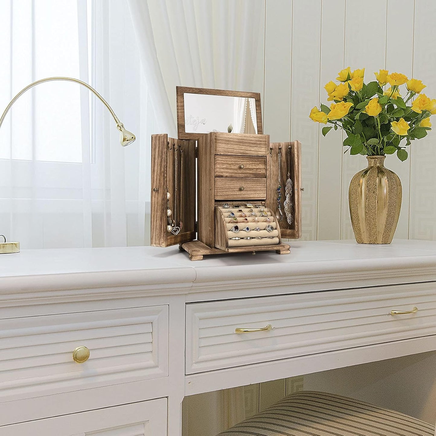 Jewelry Box for Women, Rustic Wooden Jewelry Boxes & Organizers with Mirror, 4 Layer Jewelry Organizer Box Display for Rings Earrings Necklaces Bracelets (Rustic Brown)