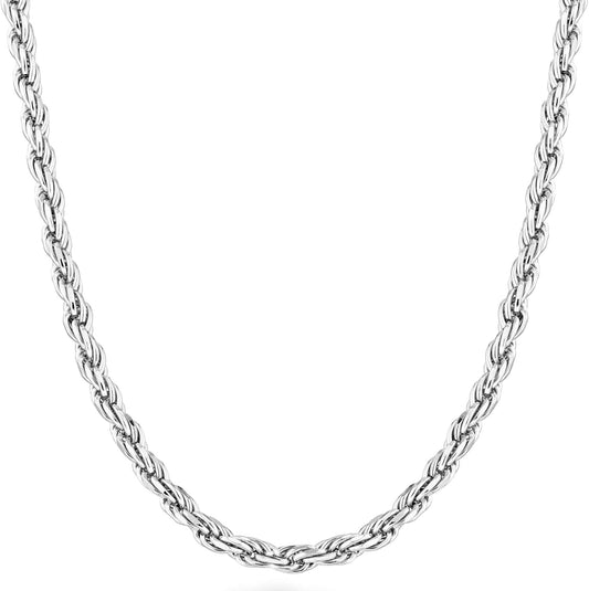 Solid 925 Sterling Silver Italian 2mm, 3mm Diamond-Cut Braided Rope Chain Necklace for Men Women