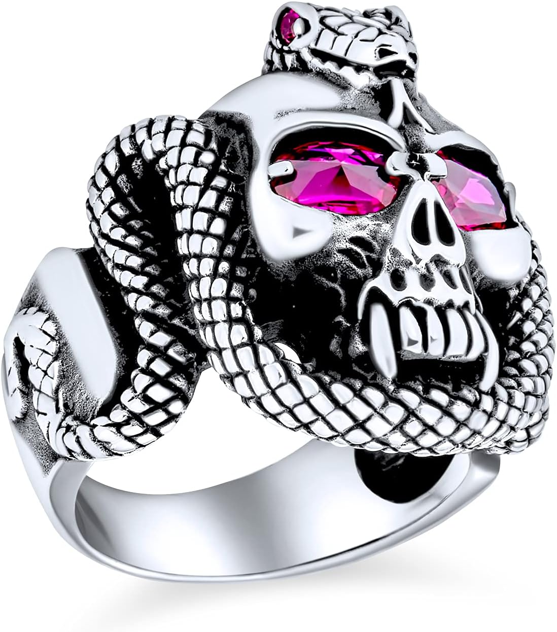 Personalize Large Mens Punk Rocker Biker Jewelry Halloween Devil Demon Gothic Caribbean Pirate Day Of Dead Simulated Red Ruby CZ Eyes Skull Head Signet Ring For Men Oxidized .925 Sterling Silver