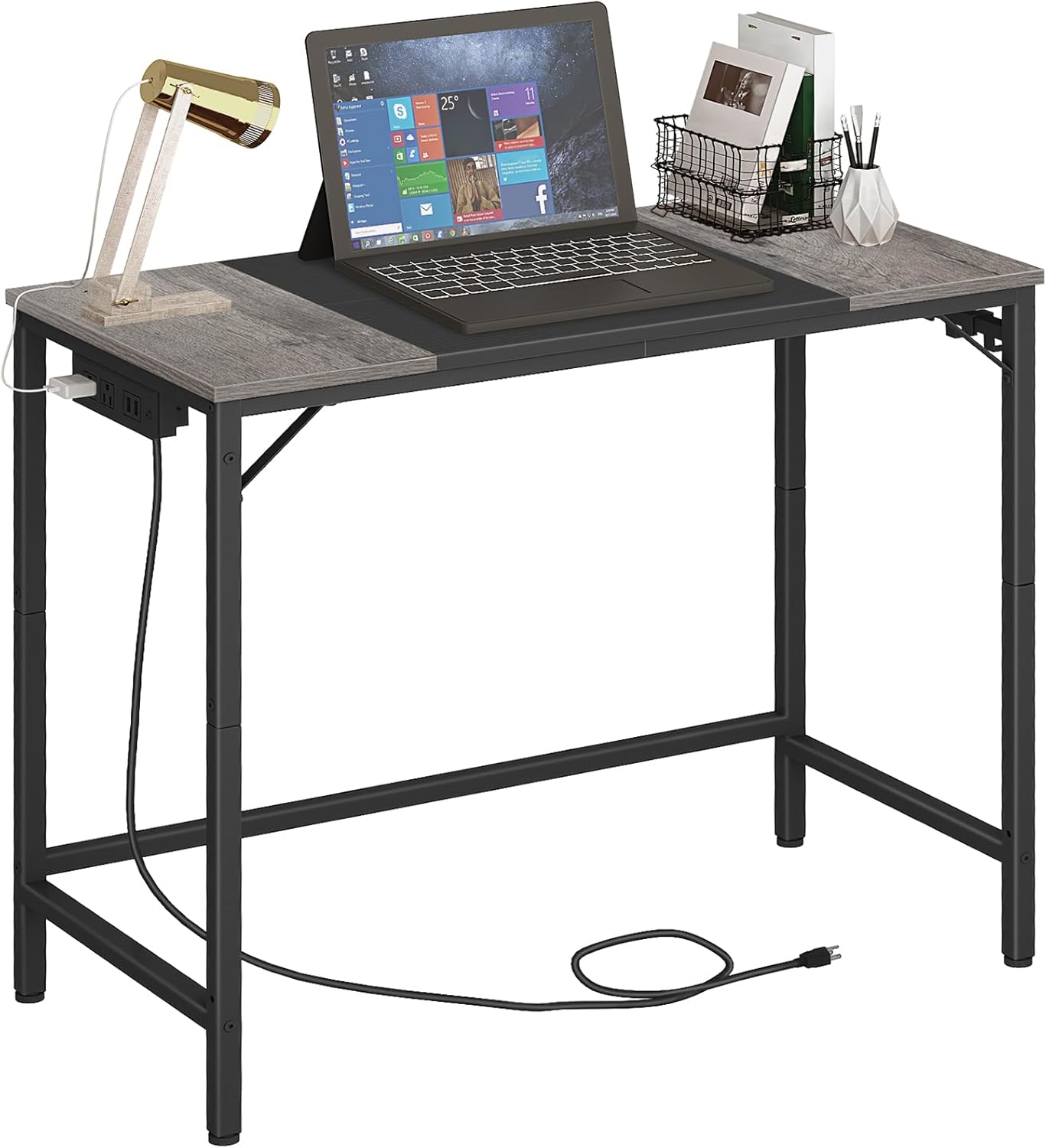 Computer Desk, Home Office Desk with Power Outlet, Modern Study Writing Desk with 3 Hooks for Study Room, Home Office, Sturdy and Stable, Easy to Assemble, Charcoal Gray and Black BC41UDN01