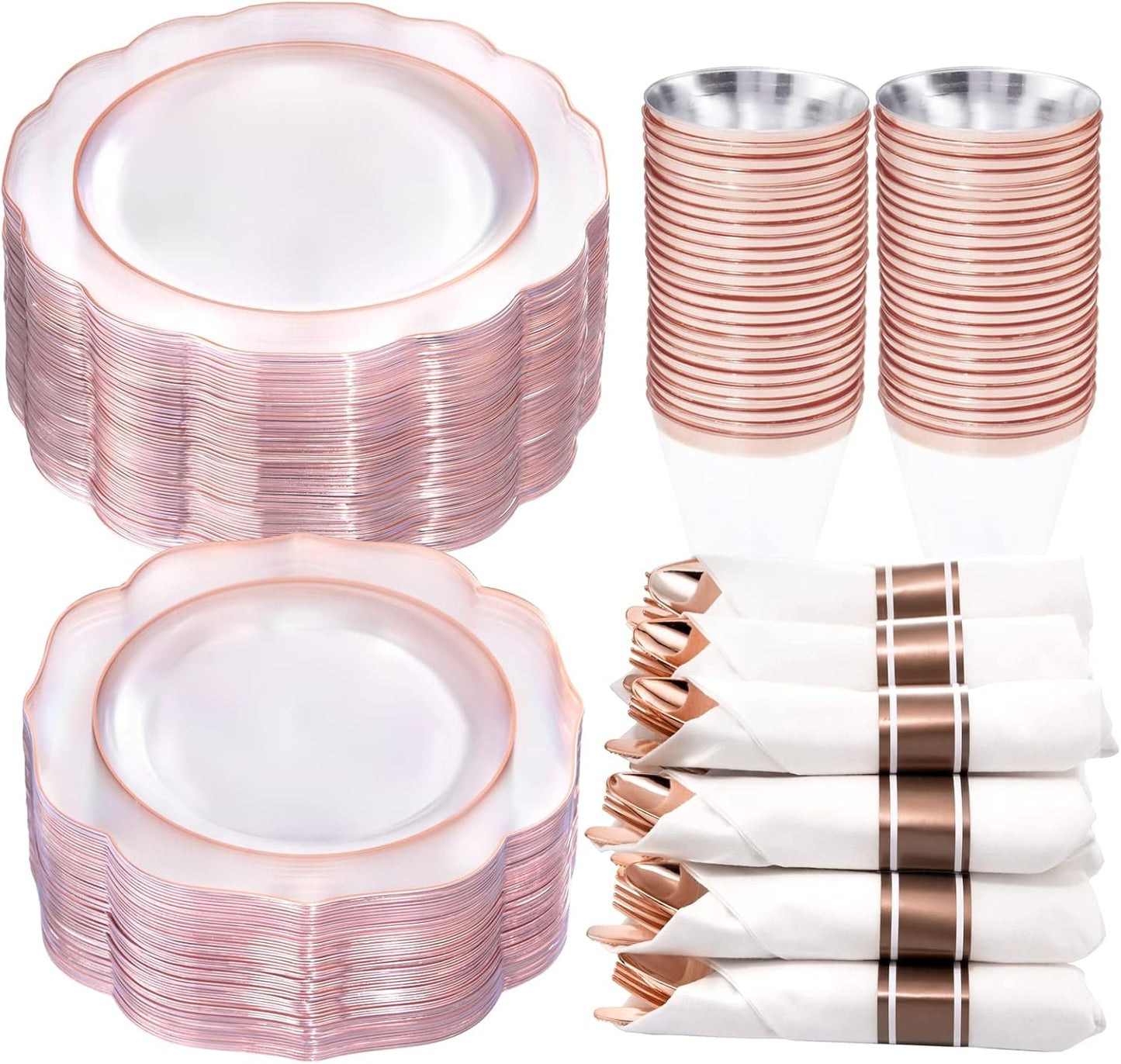 175PCS Pink Plastic Plates - Pink Plates with Gold Disposable Silverware - Include 50 Plates,25 Knives,25 Forks,25 Spoons,25 Cups and 25 Napkins - Ideal for Wedding & Party