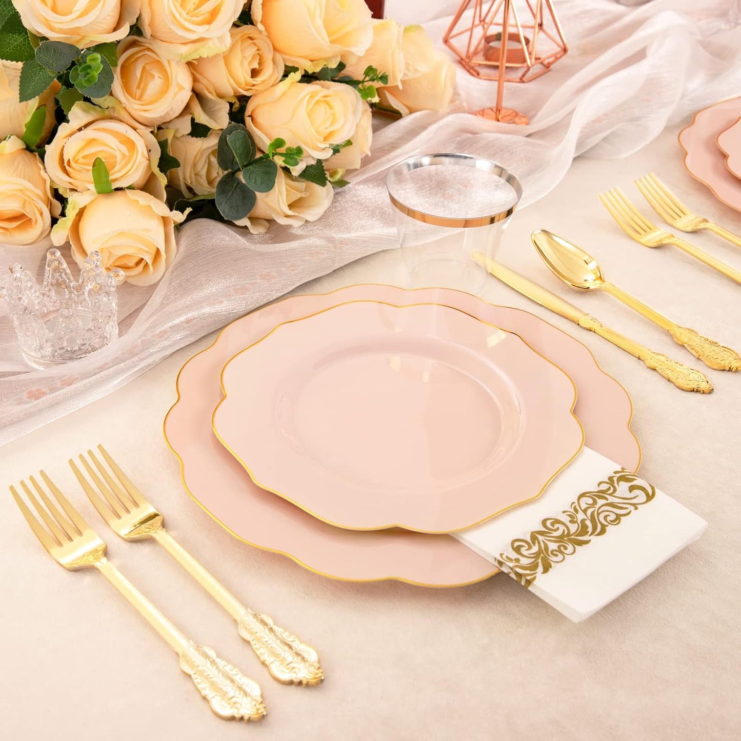175PCS Pink Plastic Plates - Pink Plates with Gold Disposable Silverware - Include 50 Plates,25 Knives,25 Forks,25 Spoons,25 Cups and 25 Napkins - Ideal for Wedding & Party