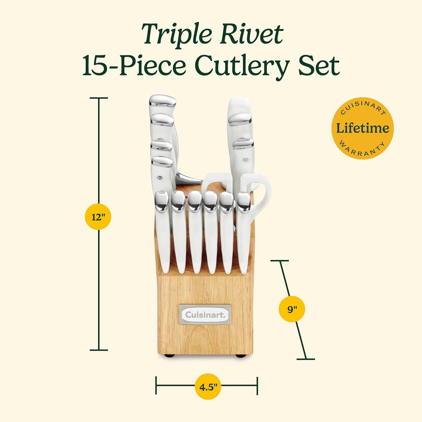 15-Piece Knife Set with Block, High Carbon Stainless Steel, Forged Triple Rivet, White