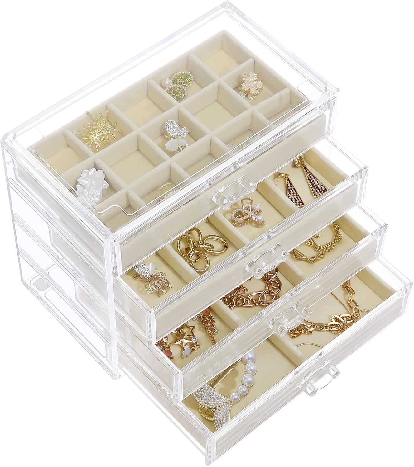 Earring Jewelry Organizer with 5 Drawers, Birthday Present, Clear Acrylic Jewelry Box for Women, Velvet Earring Display Holder for Earrings Ring Bracelet Necklace, Cream