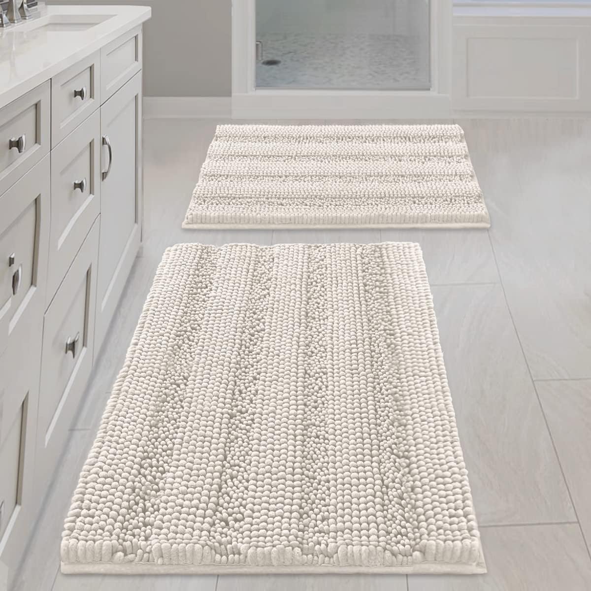 Black Bathroom Rug Set Extra Thick Striped Bath Mats for Bathroom Floor 2 Piece, Anti-Slip Bath Mat Set Soft Plush Chenille Shower Rugs for Bathroom Waterproof (20" x 32"/17" x 24")