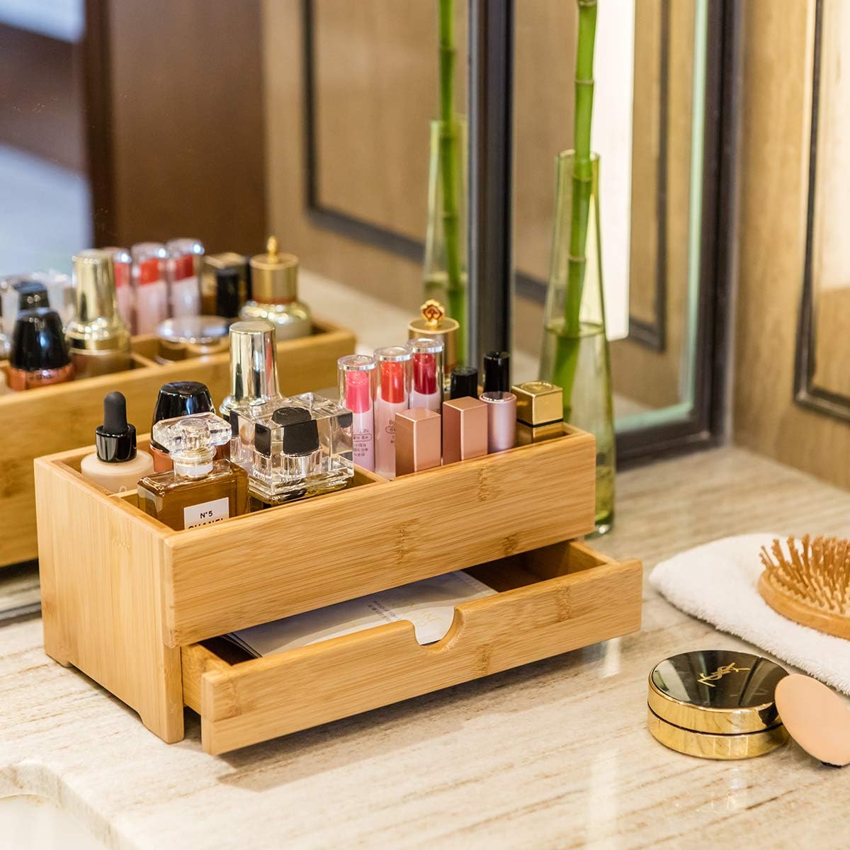 Bamboo Makeup Organizers and Storage with Drawer - Wooden Cosmetic Organizer Countertop for Bathroom, Bedroom, Closet, Kitchen, Vanity & Dresser - Make up Vanity Station