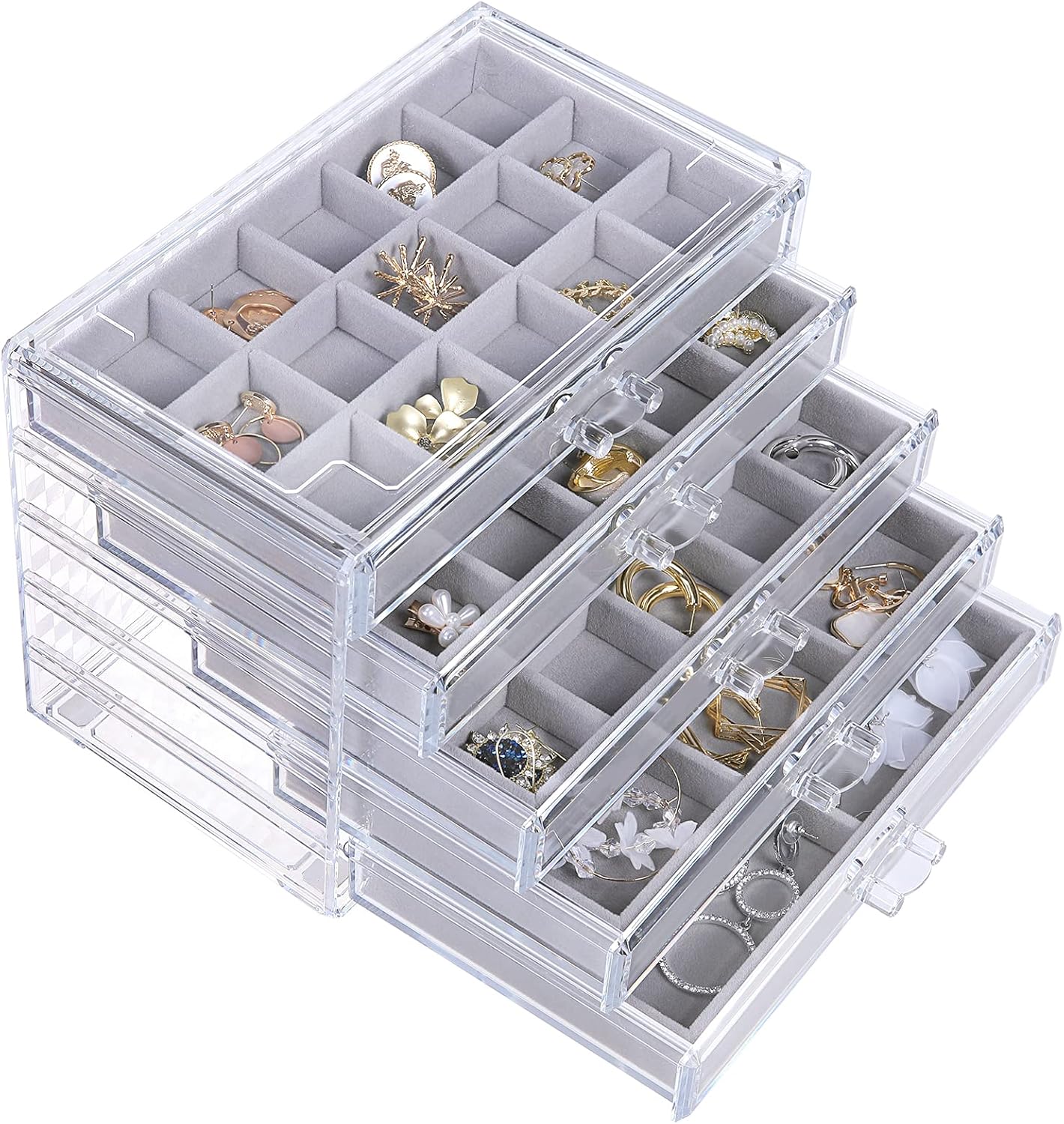 Earring Jewelry Organizer with 5 Drawers, Birthday Present, Clear Acrylic Jewelry Box for Women, Velvet Earring Display Holder for Earrings Ring Bracelet Necklace, Cream