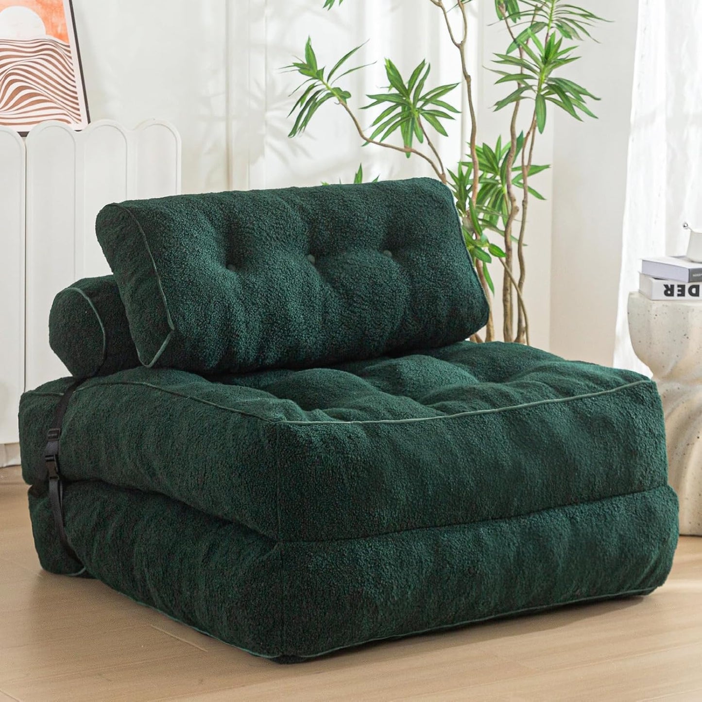 Folding Sofa Bed, Convertible Sleeper Chair with Pillow Foldable Mattress with Back Support, Portable Fold Out Sofa Couch Fuzzy Fabric Comfy Floor Sofa Lounge for Living Room Apartment, Black