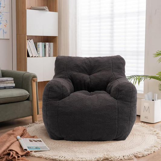 Bean Bag Chairs, Tufted Soft Stuffed Bean Bag Chair with Filler, Fluffy Lazy Sofa, Imperial Lounger Giant Bean Bag Chair for Bedroom, Living Room, Dark Black