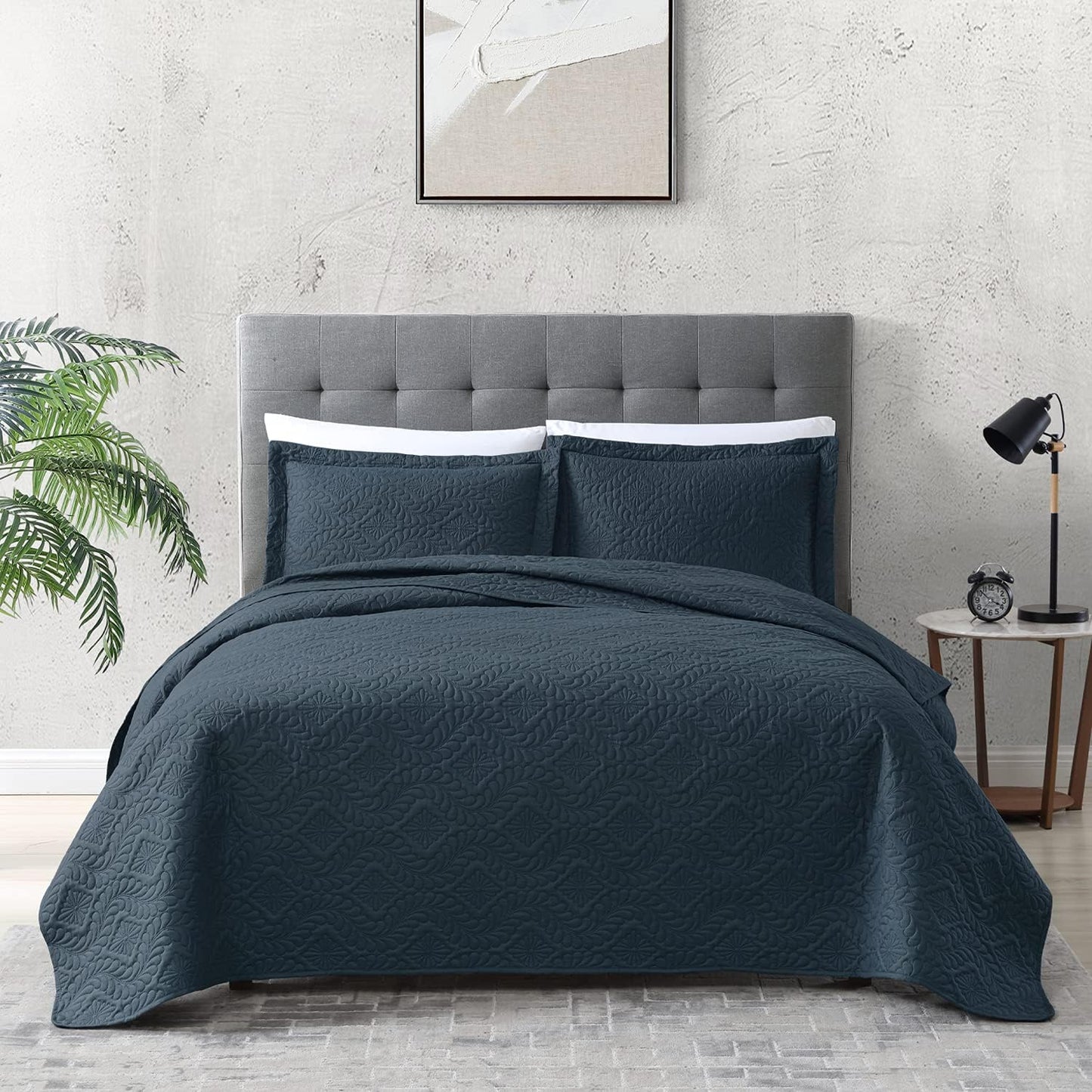 Home Quilt Set Full Queen Size Grey 3 Piece,Lightweight Soft Coverlet Squares Pattern Bedspread Set for All Season(1 Quilt,2 Pillow Shams)