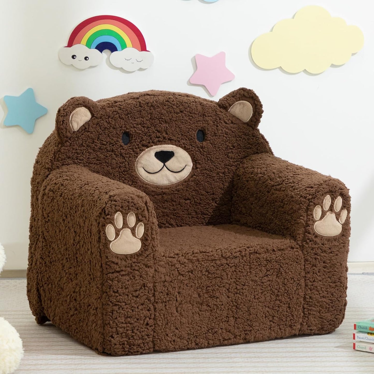 Toddler Couch Ultra-Soft Snuggle Chair, Comfy Sherpa Foam Filled Lovely Bear Sofa, Kids Cozy Corner Play Couch for Boys and Girls, Brown