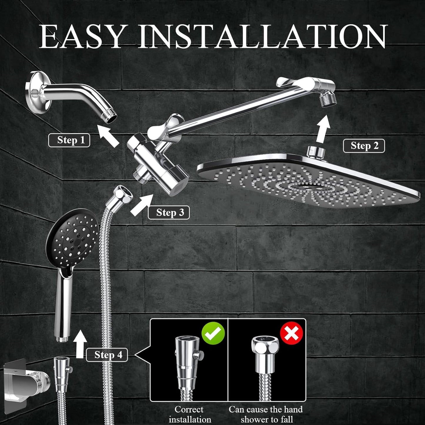 High Pressure Rain Shower Head Combo with Extension Arm- Wide Showerhead with 6 Handheld Water Spray - Adjustable Dual Shower with Anti-Clog Nozzles - Silver Chrome