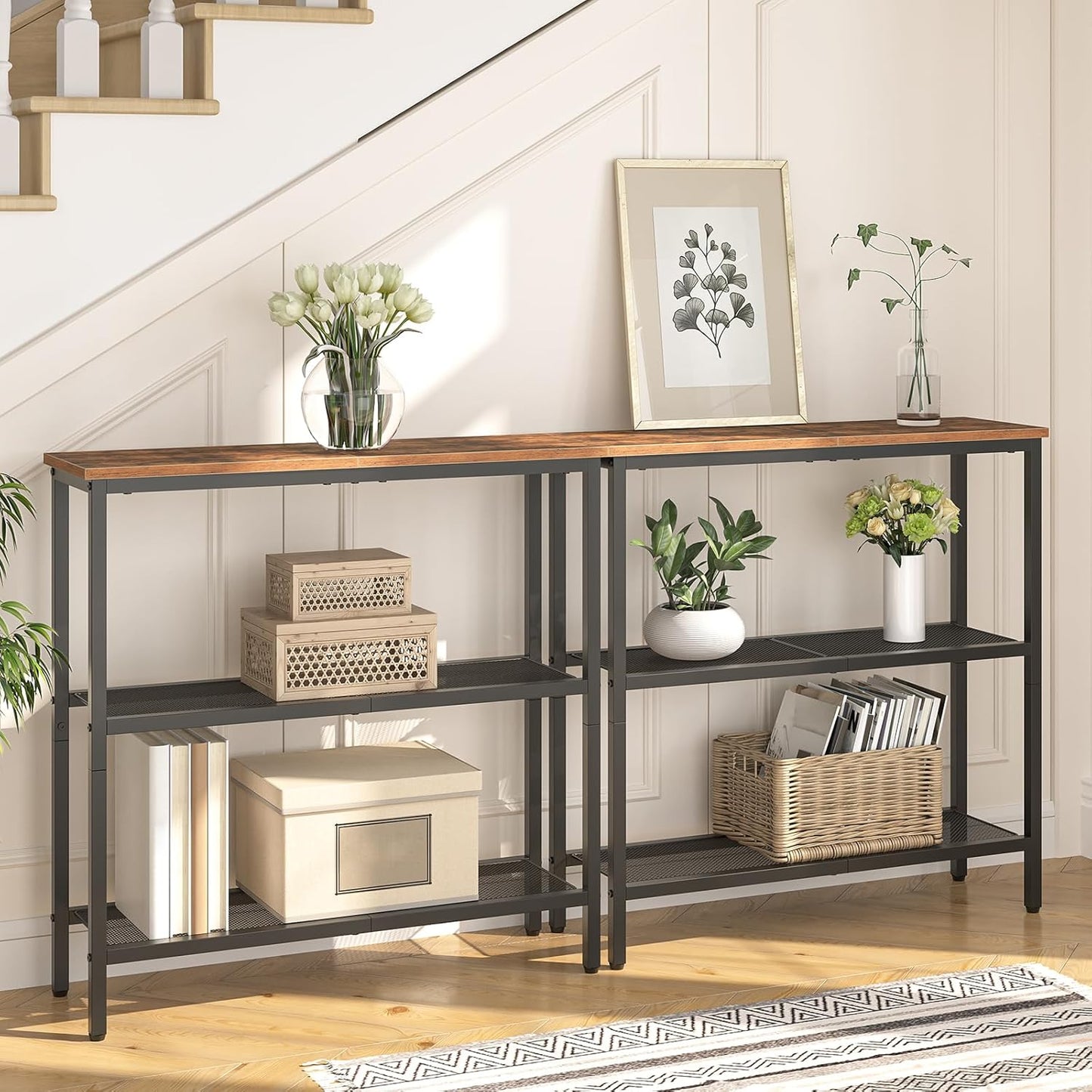 29.5" Narrow Console Table, 3-Tier Entryway Table, Thin Sofa Table with Shelves, Side Table, Display Table, for Hallway, Entrance, Living Room, Bedroom, Rustic Brown and Black BF73XG01