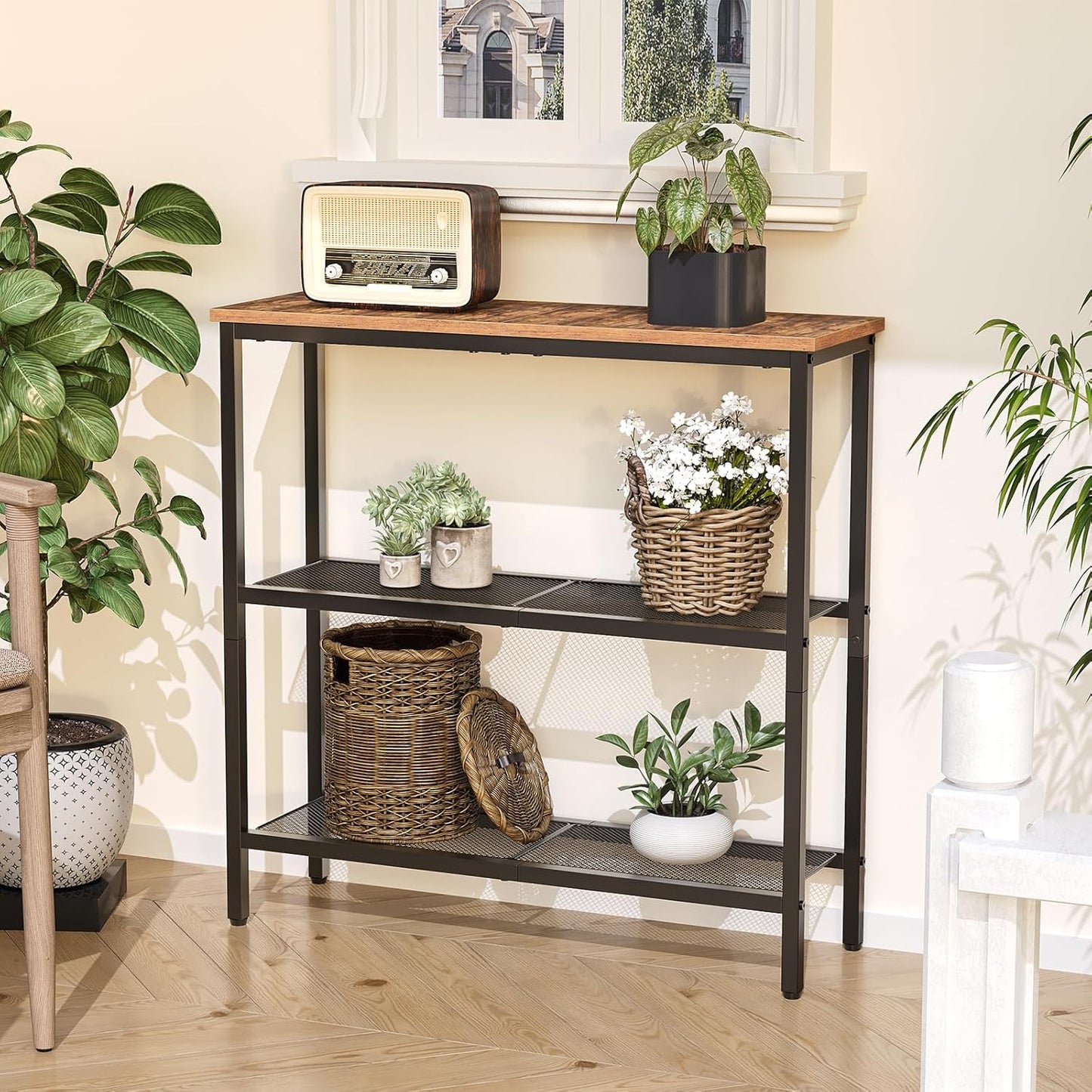29.5" Narrow Console Table, 3-Tier Entryway Table, Thin Sofa Table with Shelves, Side Table, Display Table, for Hallway, Entrance, Living Room, Bedroom, Rustic Brown and Black BF73XG01