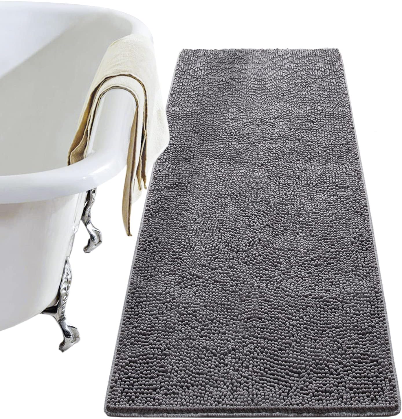 Luxury Bathroom Rug Shaggy Bath Mat 24 x 60 Inch, Washable Non Slip Bath Rugs for Bathroom Shower, Soft Plush Chenille Absorbent Carpets Mats, Black