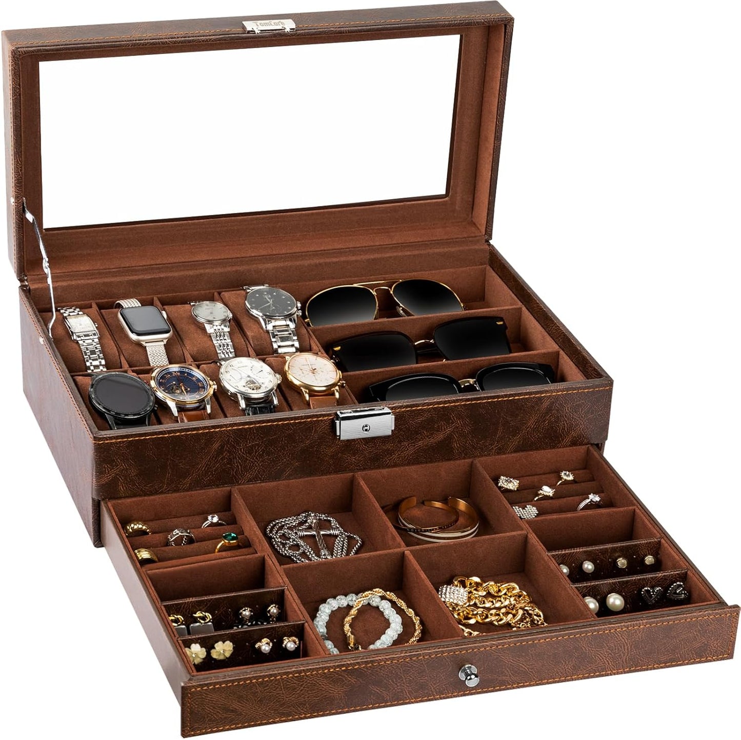 Watch Box Watch Case Watch Holder Organizer Jewelry Case Drawer Sunglasses Display Box Storage Earrings Storage Organizer Lockable with Glass Top and PU Leather for Men Women (All Black)