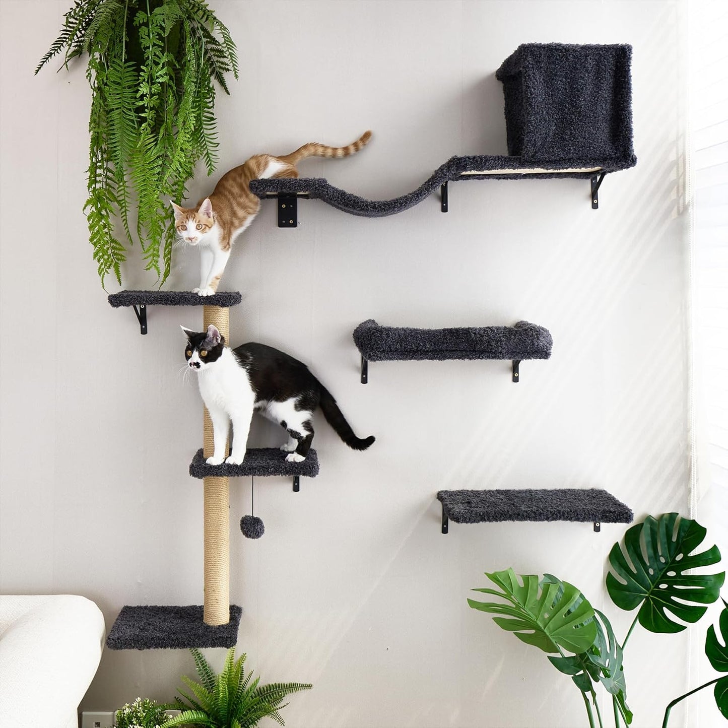 Cat Wall Shelves, Stable & Safe 4 in 1 Cat Wall Furniture Set, Wooden Cat Climbing Wall with Scratching Post for 16 Inch Drywall - Gray