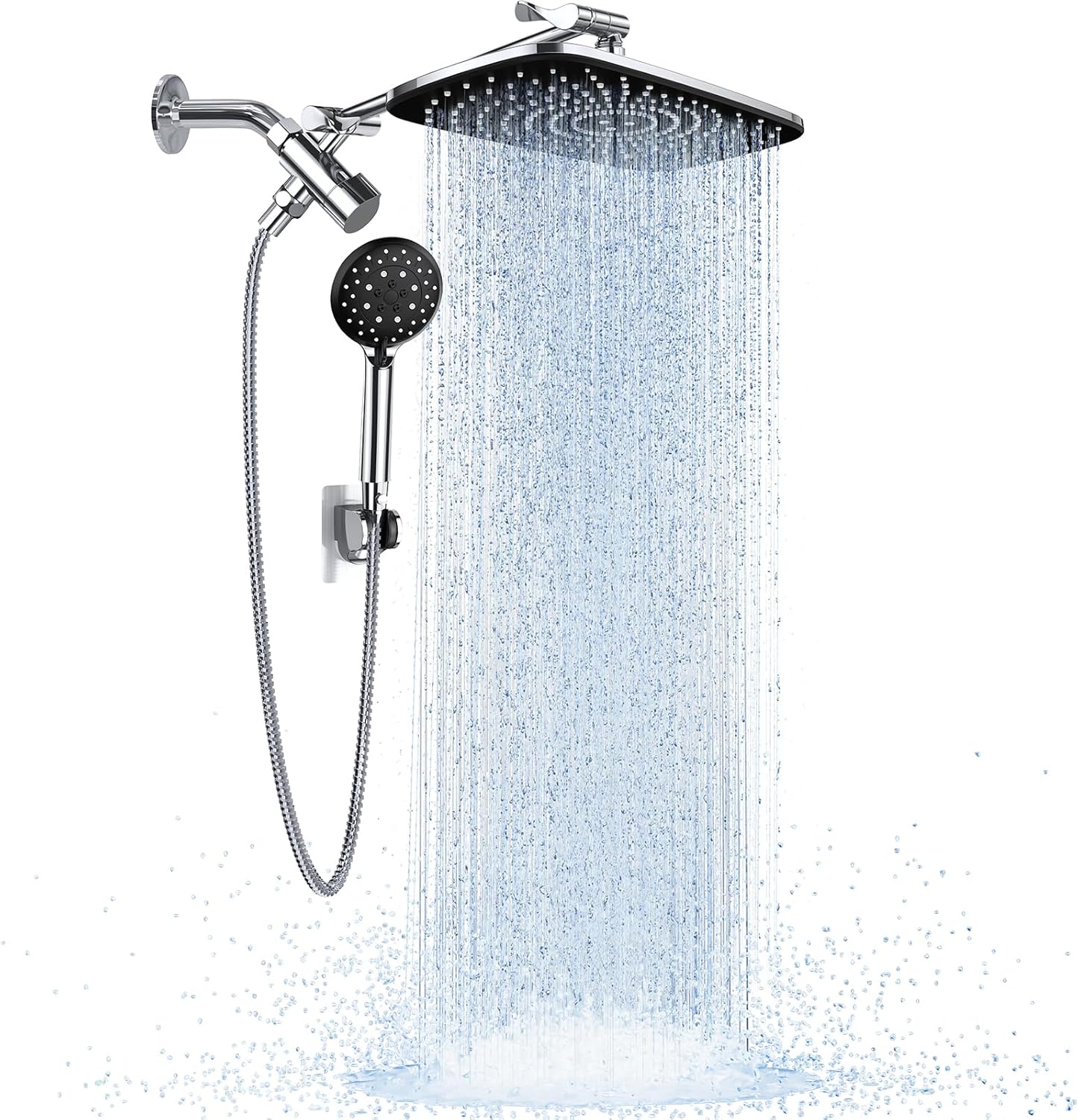 High Pressure Rain Shower Head Combo with Extension Arm- Wide Showerhead with 6 Handheld Water Spray - Adjustable Dual Shower with Anti-Clog Nozzles - Silver Chrome