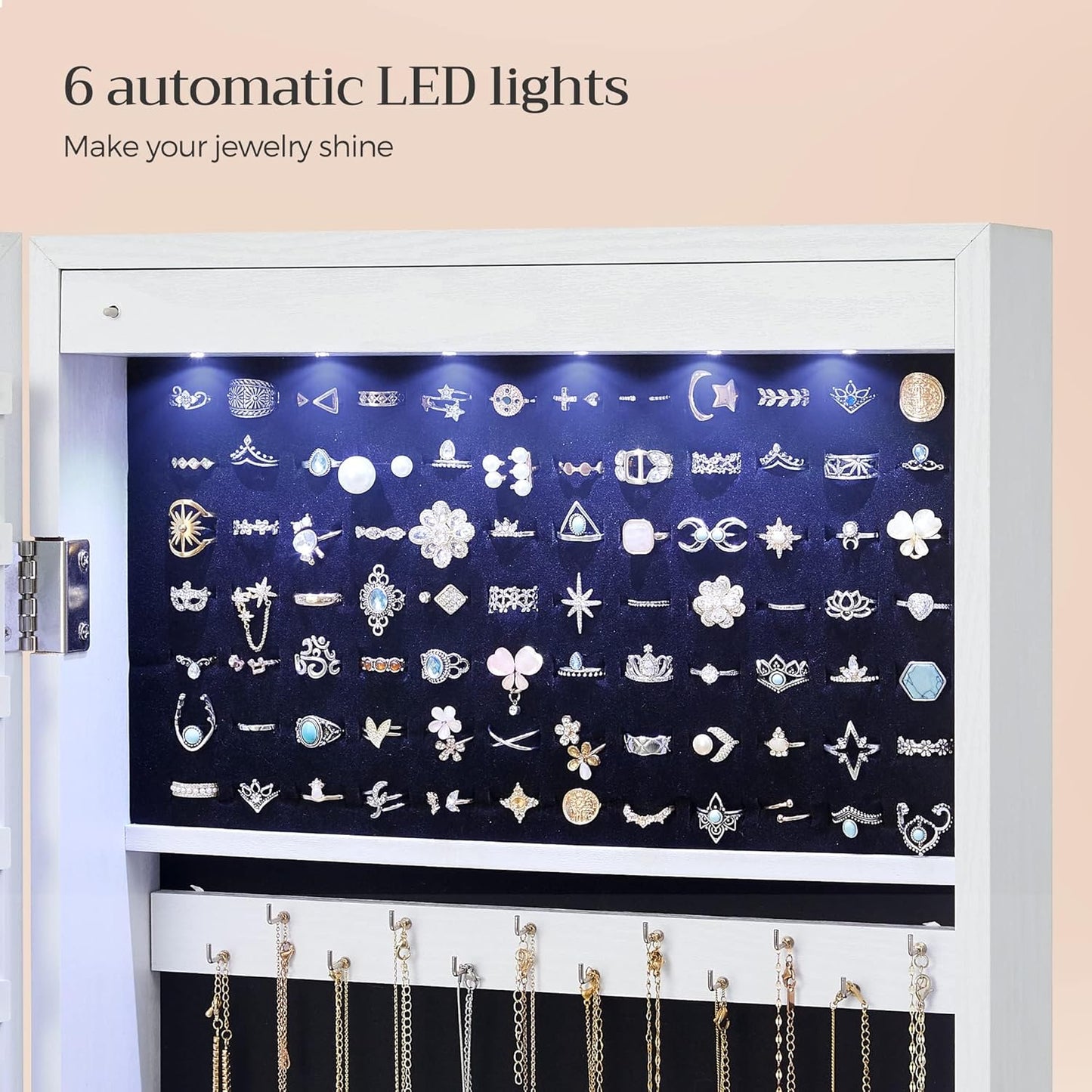 6 LEDs Mirror Jewelry Cabinet, 47.2-Inch Tall Lockable Wall or Door Mounted Jewelry Armoire Organizer with Mirror, 2 Drawers, 3.9 x 14.6 x 47.2 Inches