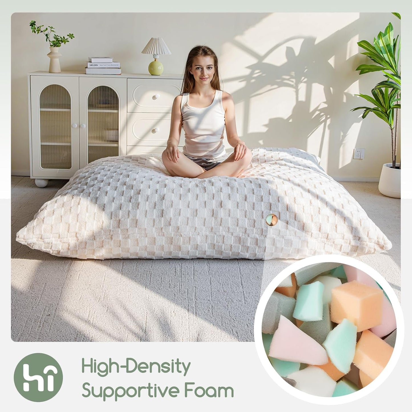 3 in 1 Bean Bag Chair, Giant Bean Bag Convertible Lounger for Adult with Filler Included for Bedroom Room Living Room, 75x54 Inch, Beige