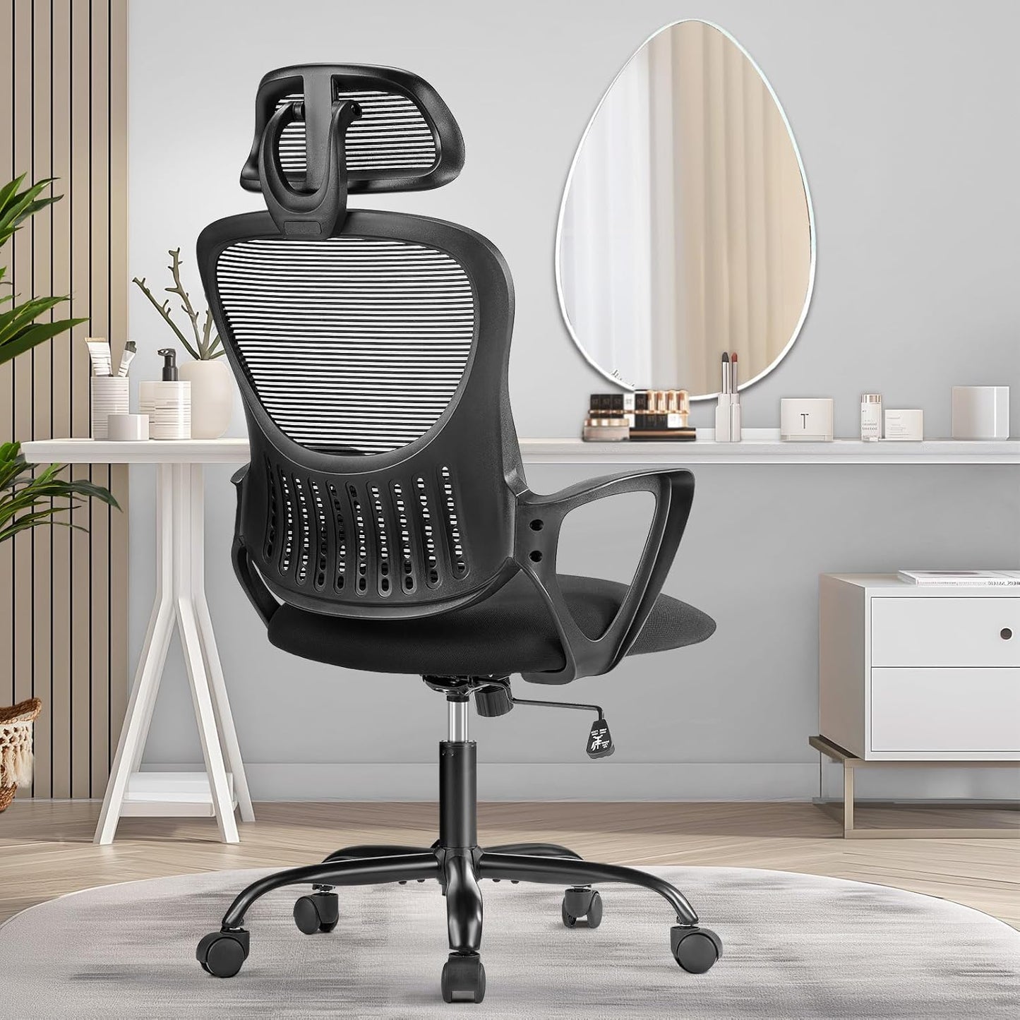 Home Office Desk Chair, Ergonomic Computer Managerial Executive Chairs High-Back Work Swivel Task Chairs with Wheels, Lumbar Support, Comfy Flip-up Armrest for Gaming, Study, Student, Black