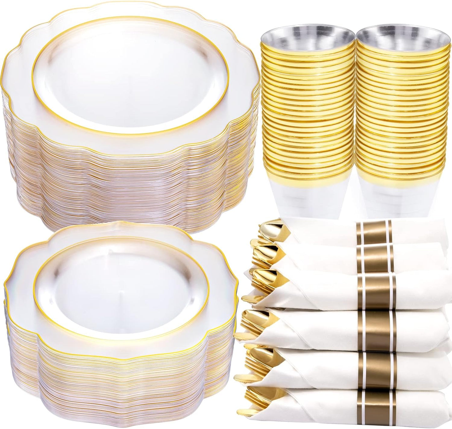 175PCS Pink Plastic Plates - Pink Plates with Gold Disposable Silverware - Include 50 Plates,25 Knives,25 Forks,25 Spoons,25 Cups and 25 Napkins - Ideal for Wedding & Party