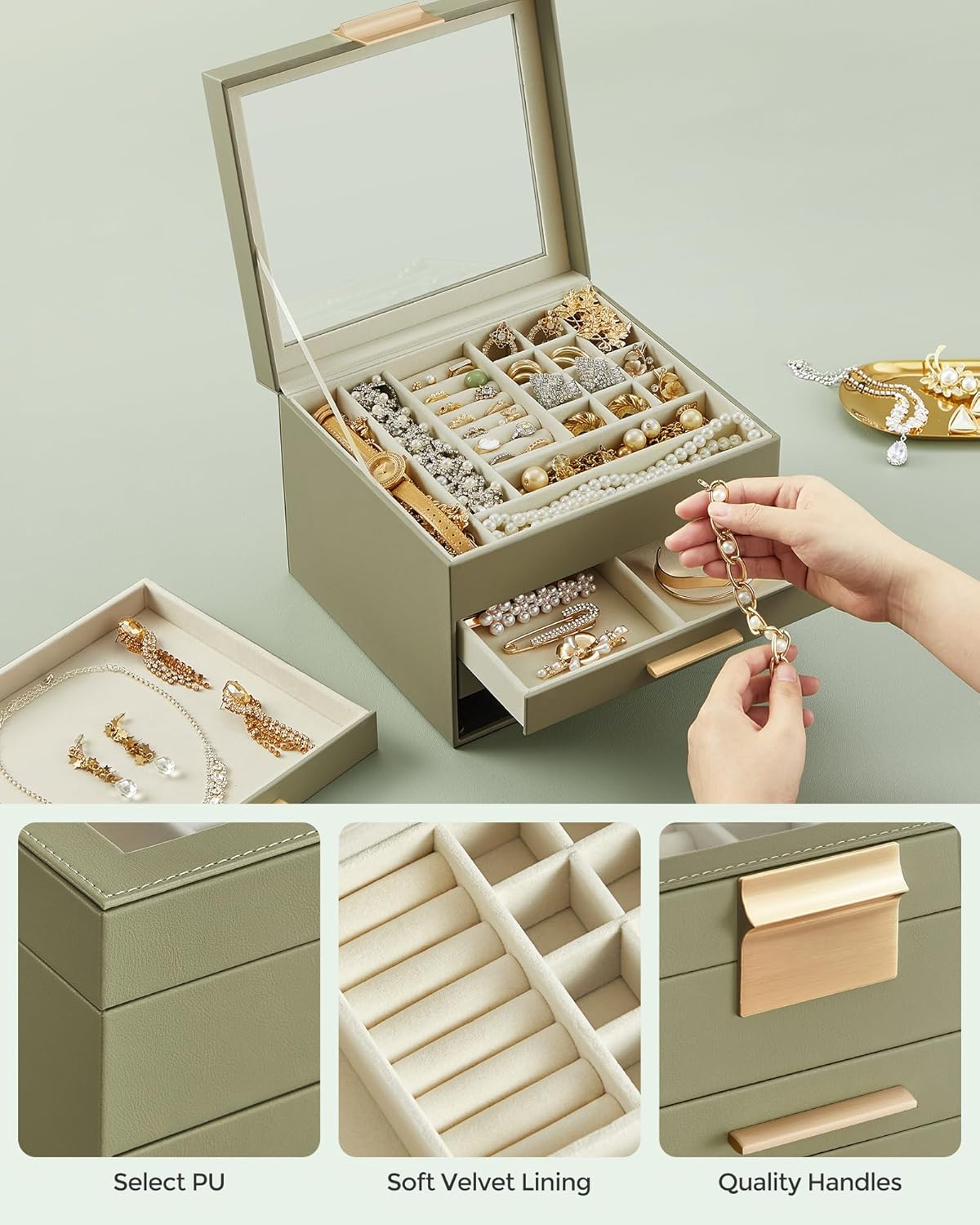 Jewelry Box with Glass Lid, 4-Layer Jewelry Organizer, 3 Drawers, for Big and Small Jewelry, Jewelry Storage, Modern Style, 8 x 9.1 x 6.5 Inches, Avocado Green and Gold Color UJBC173C02