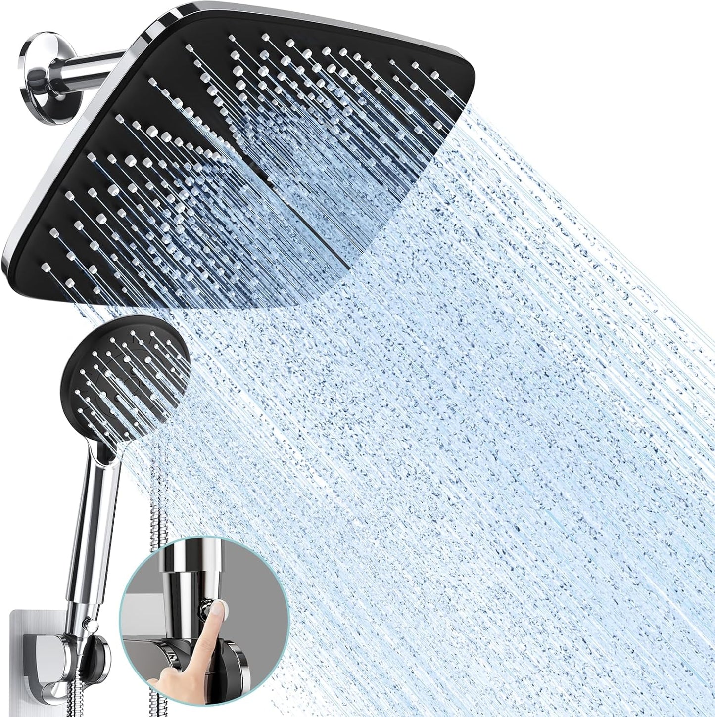 11.8 Inch High Pressure Rain Shower Head -Shower Heads with 5 Modes Handheld Spray Combo- Wide RainFall shower with 70" Hose - Adjustable Dual Showerhead with Anti-Clog Nozzles- Matte Black