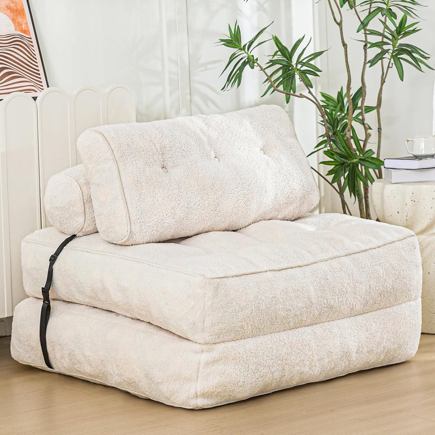 Folding Sofa Bed, Convertible Sleeper Chair with Pillow Foldable Mattress with Back Support, Portable Fold Out Sofa Couch Fuzzy Fabric Comfy Floor Sofa Lounge for Living Room Apartment, Black
