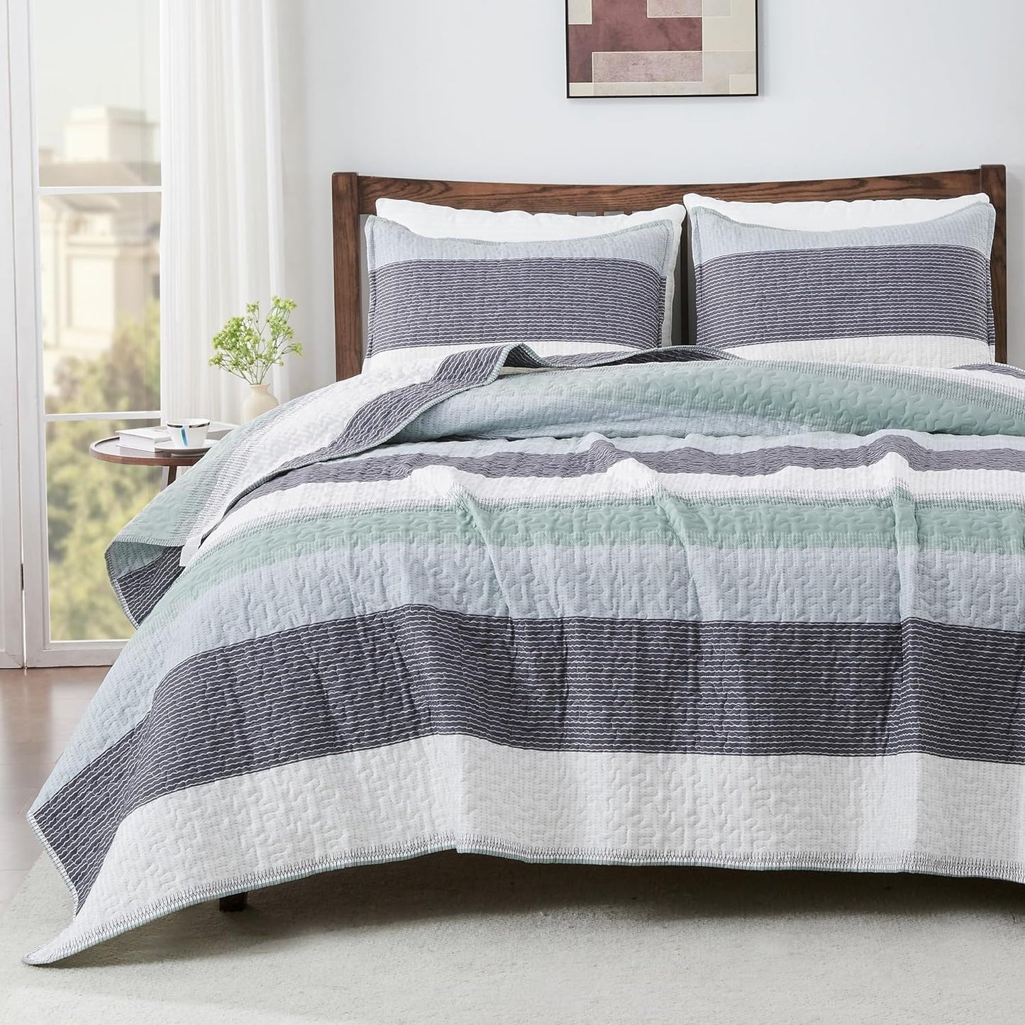 King Size Quilt Set Mineral Blue, 3 Pieces Summer Ultra Soft Lightweight Bedspreads & Coverlets Set, Patchwork Striped Quilted Bedding Sets for All Seasons (1 Quilt, 2 Pillow Shams)