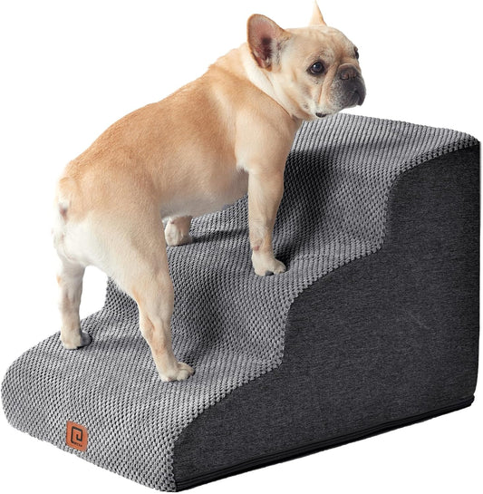 Curved Dog Stairs Ramp for Small Dogs 15.7" H, 3-Step Dog Steps for Couch Sofa and Chair, Pet Stairs for Cats, Non-Slip Balanced Pet Steps Indoor, Grey