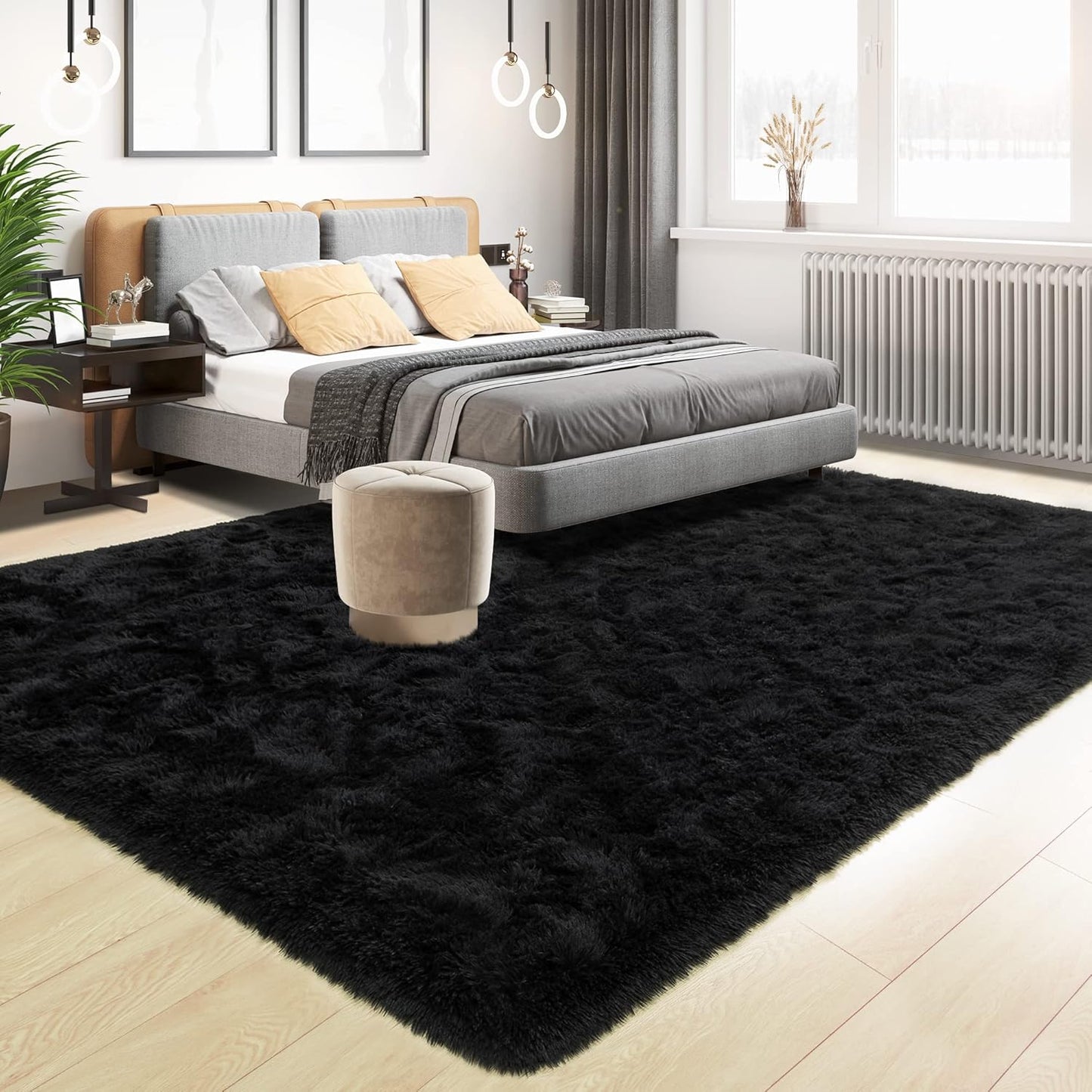 Area Rugs 8x10 for Living Room, Super Soft Fluffy Rugs for Bedroom, Modern Shaggy Rug Fuzzy Carpets for Kids, Plush Indoor Nursery Home Decor Rug with Non-Slip Bottom, Black