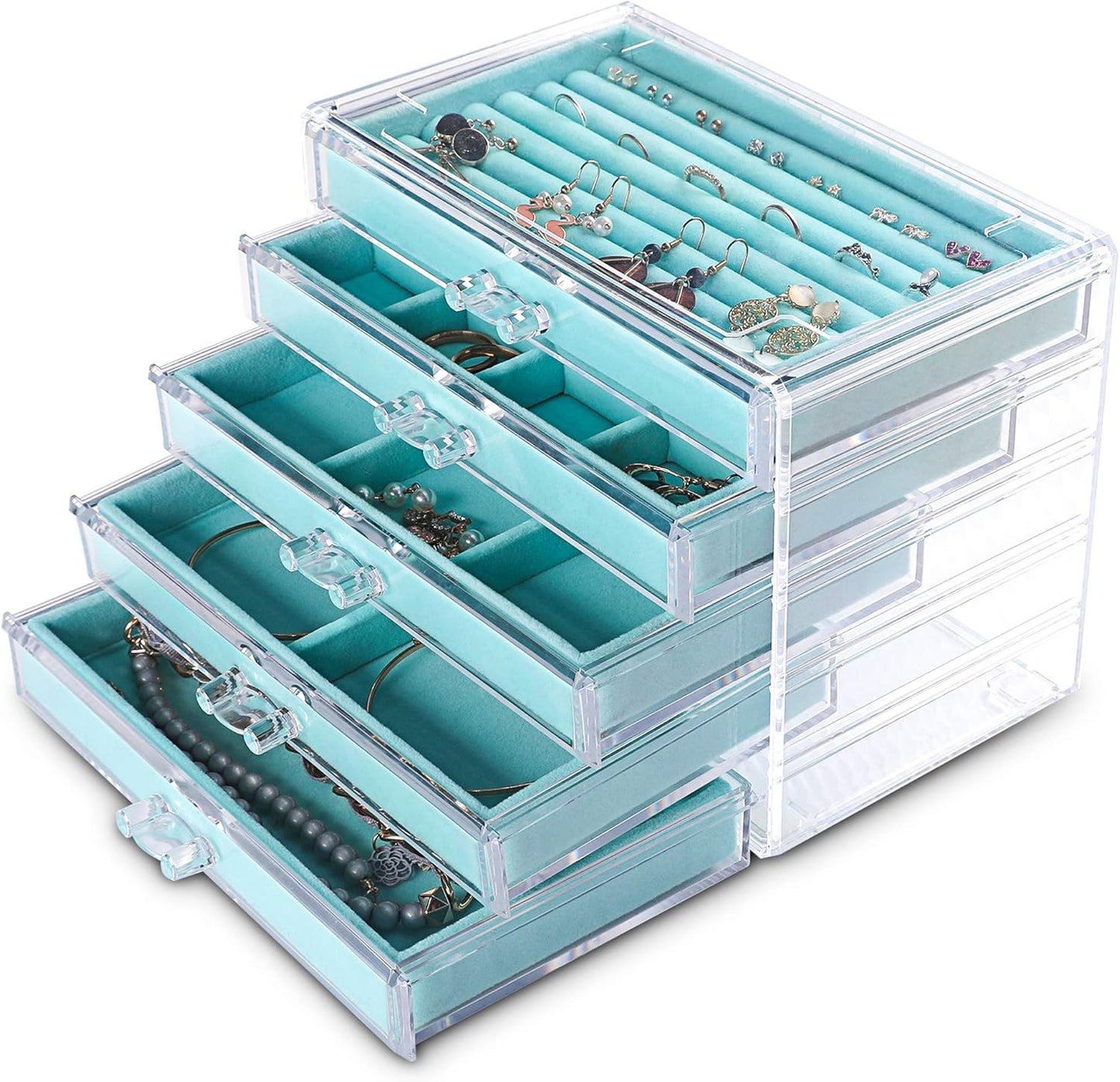 Extra Large Acrylic Jewelry Box for Women 5 Layers Clear Jewelry Organizer Velvet Earring Box with 5 Drawers Rings Display Case Necklaces Holder Tray for Women Girls (White)