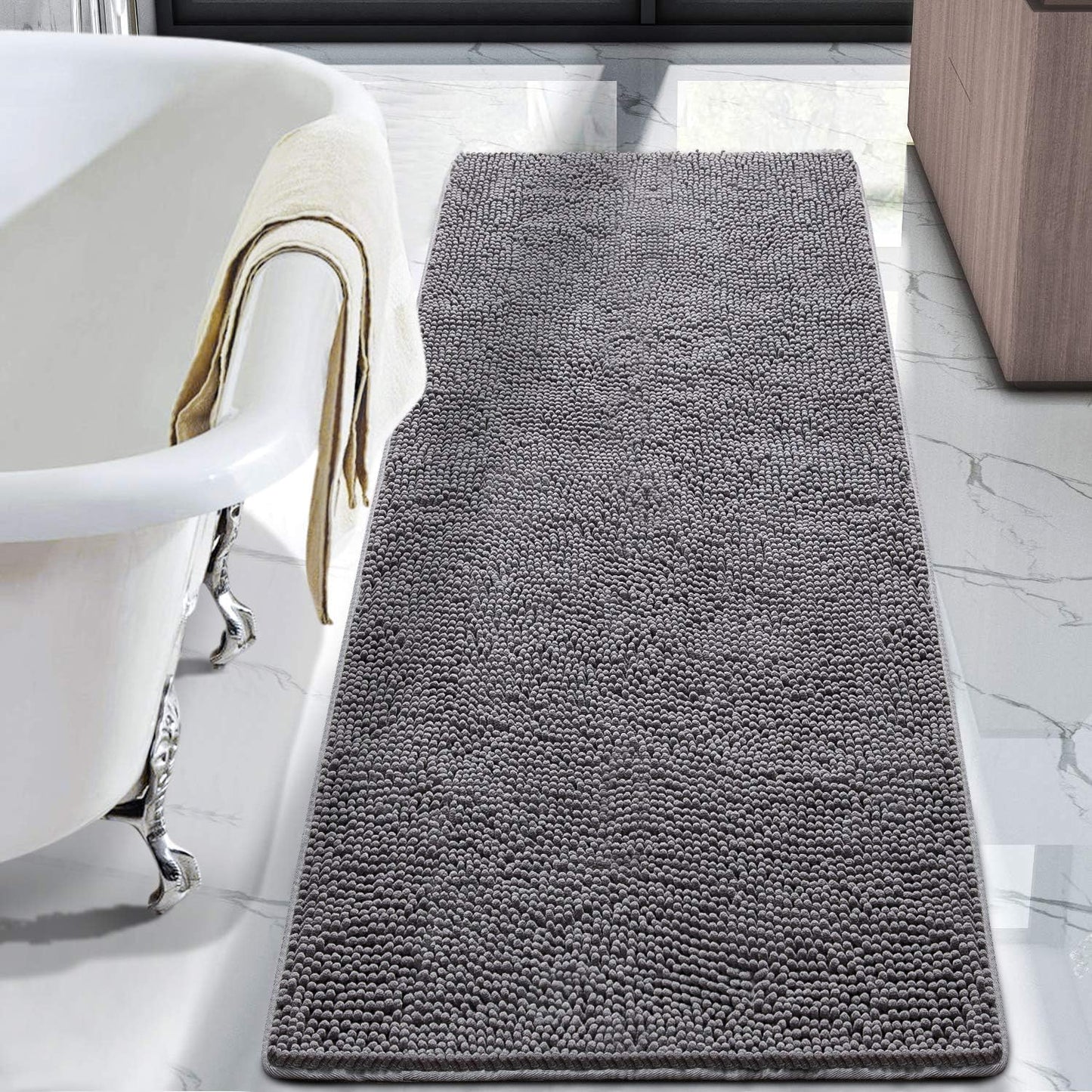 Luxury Bathroom Rug Shaggy Bath Mat 24 x 60 Inch, Washable Non Slip Bath Rugs for Bathroom Shower, Soft Plush Chenille Absorbent Carpets Mats, Black
