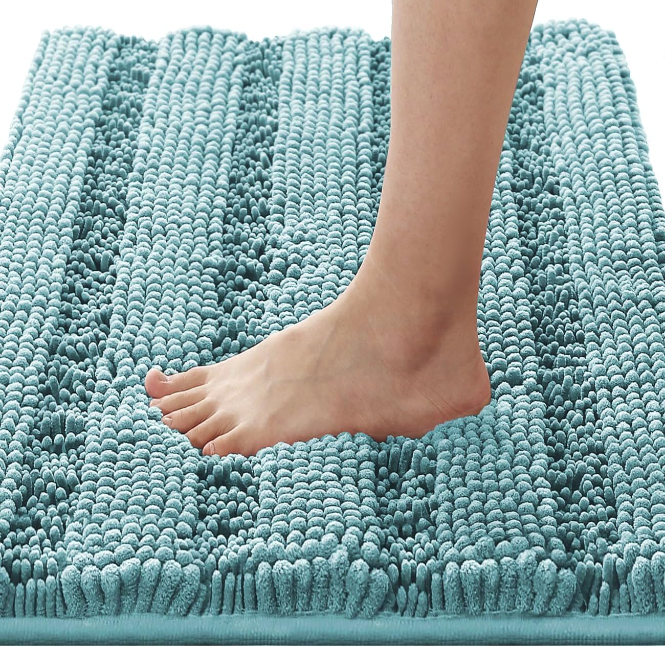 Black Bathroom Rug Set Extra Thick Striped Bath Mats for Bathroom Floor 2 Piece, Anti-Slip Bath Mat Set Soft Plush Chenille Shower Rugs for Bathroom Waterproof (20" x 32"/17" x 24")