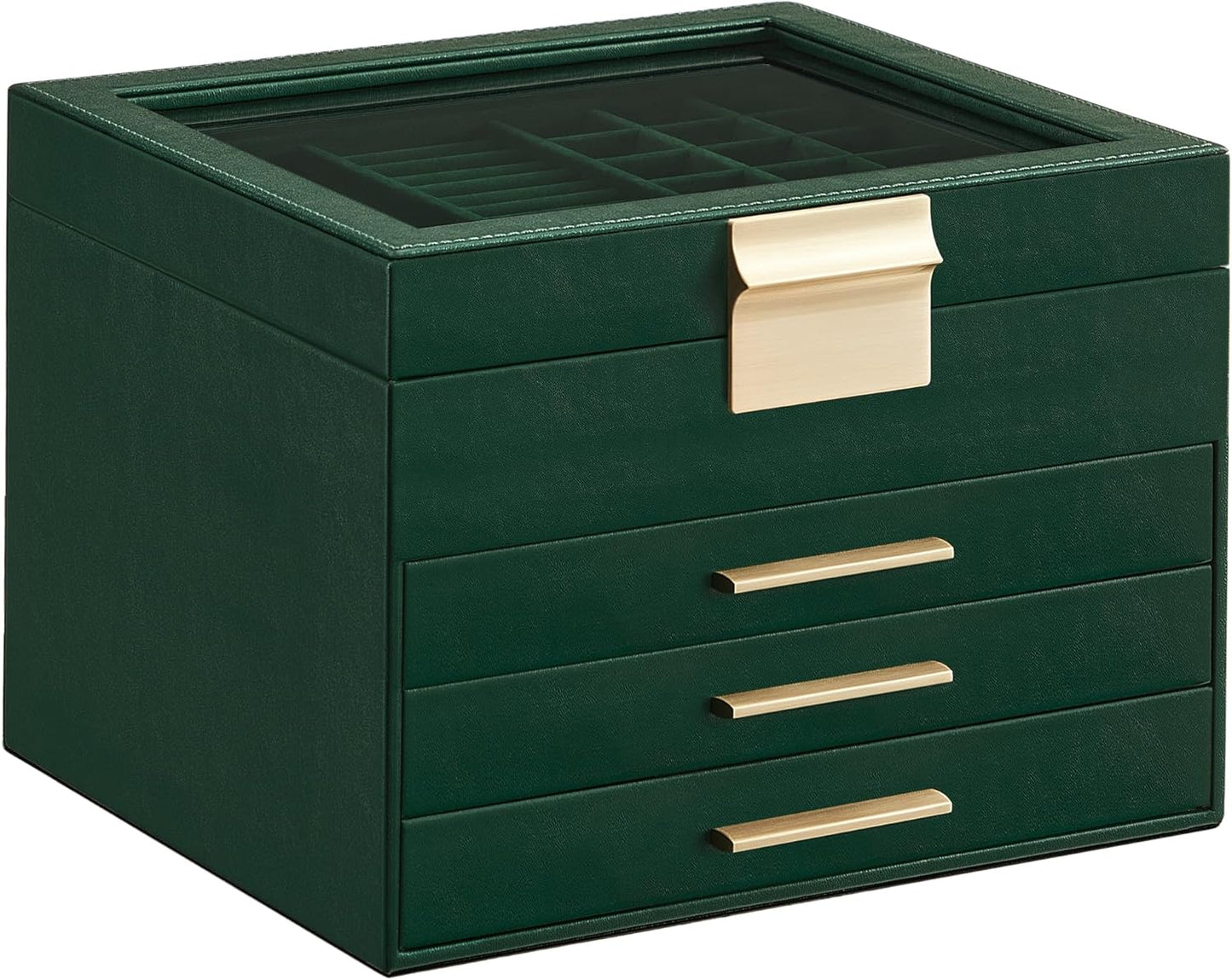 Jewelry Box with Glass Lid, 6-Layer Jewelry Organizer, 5 Drawers, for Big and Small Jewelry, Jewelry Storage, Modern Style, 8 x 9.1 x 9 Inches, Cloud White and Gold Color UJBC176W01
