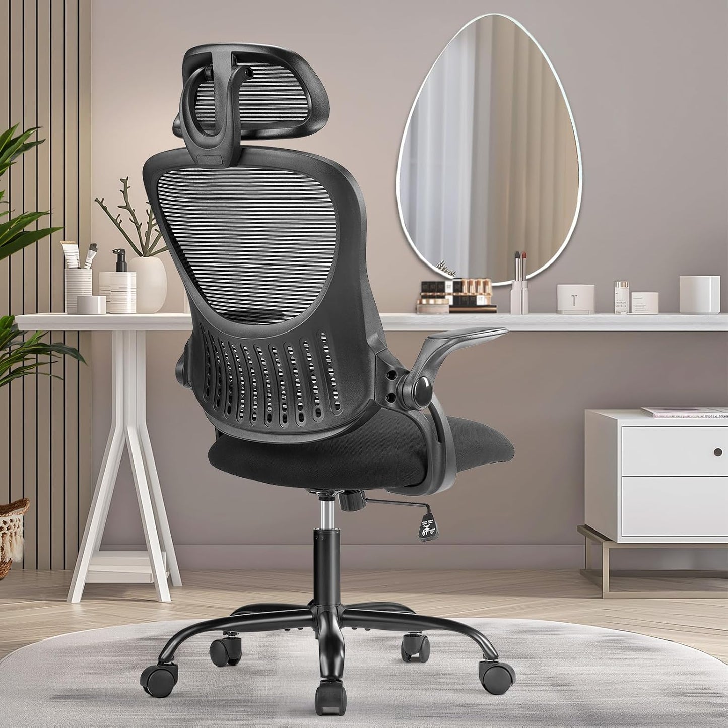 Home Office Desk Chair, Ergonomic Computer Managerial Executive Chairs High-Back Work Swivel Task Chairs with Wheels, Lumbar Support, Comfy Flip-up Armrest for Gaming, Study, Student, Black