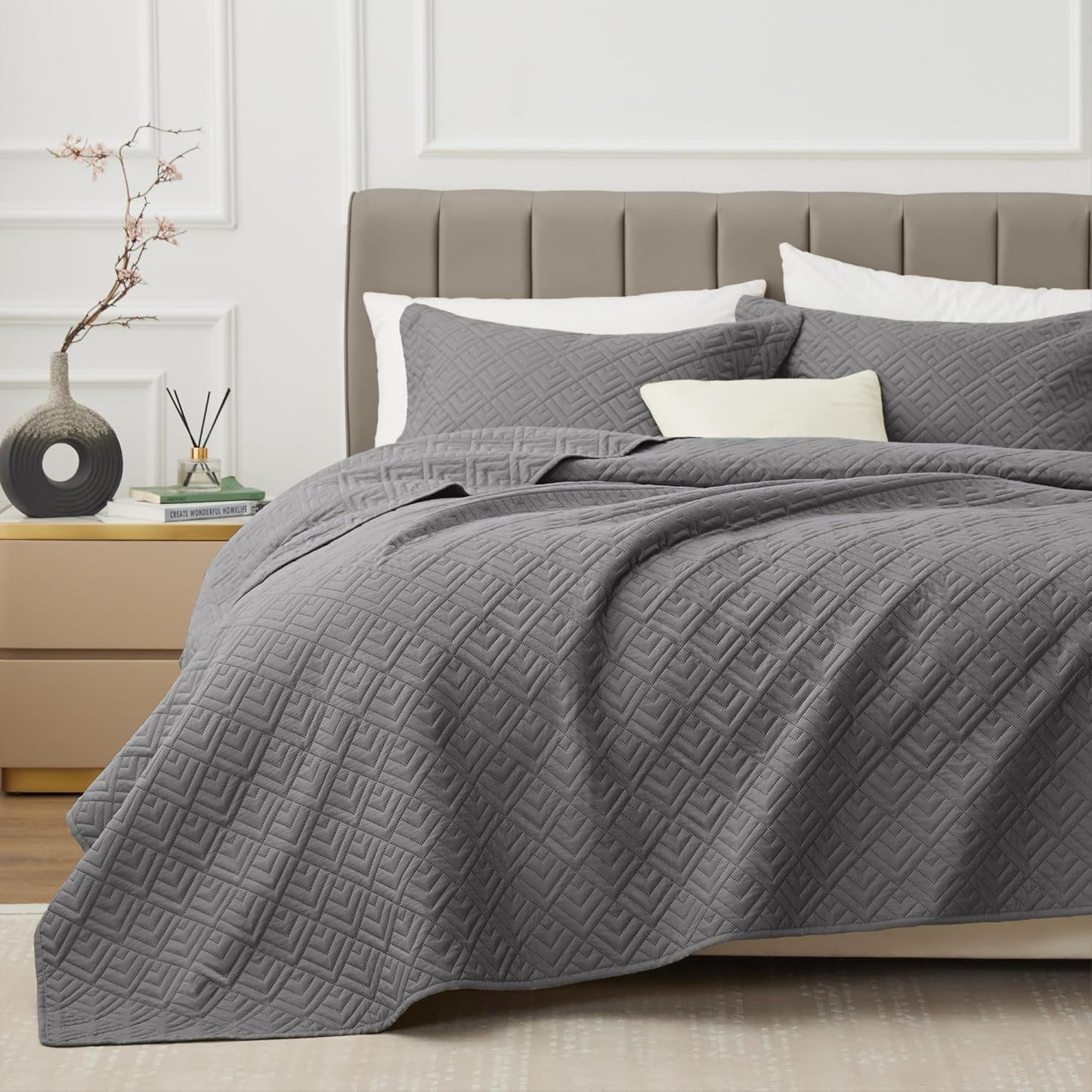 Home Quilt Set Full Queen Size Grey 3 Piece,Lightweight Soft Coverlet Squares Pattern Bedspread Set for All Season(1 Quilt,2 Pillow Shams)